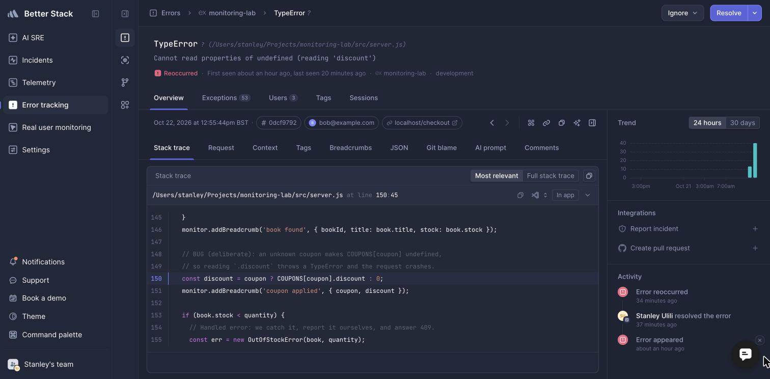 Better Stack error page with Reoccurred status and activity feed