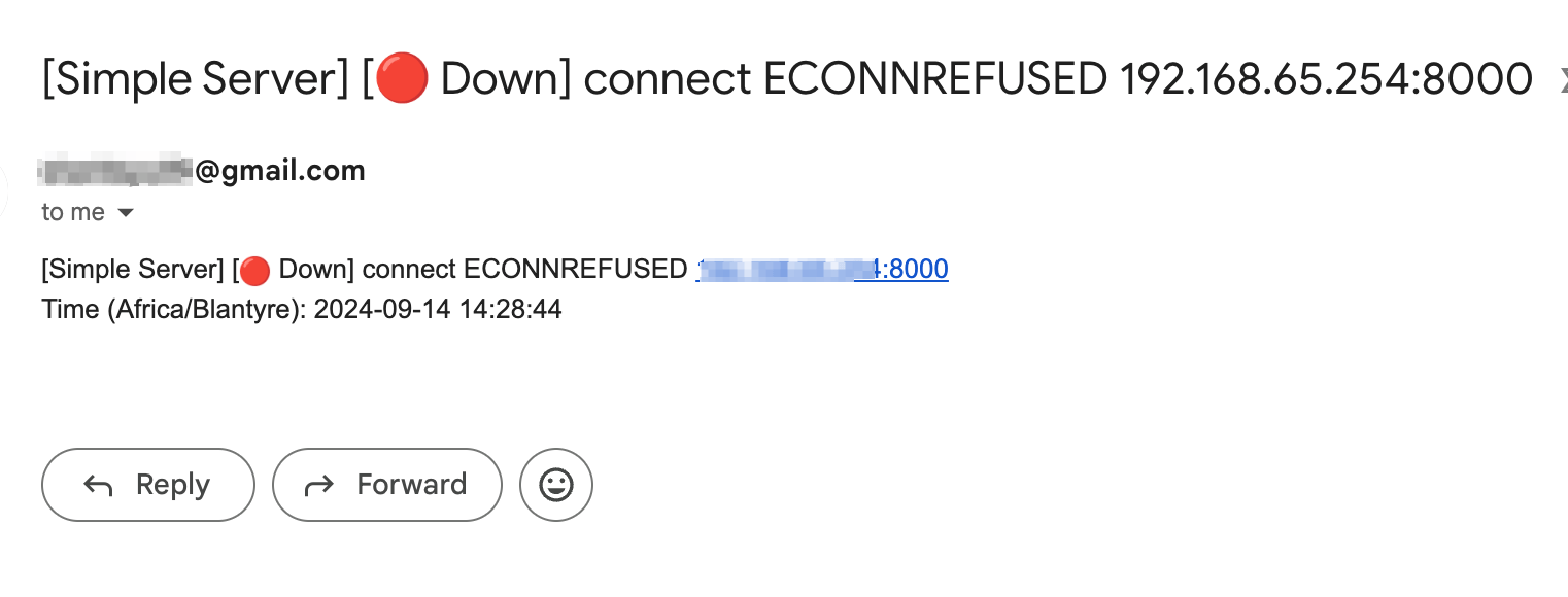 Screenshot of received email notification