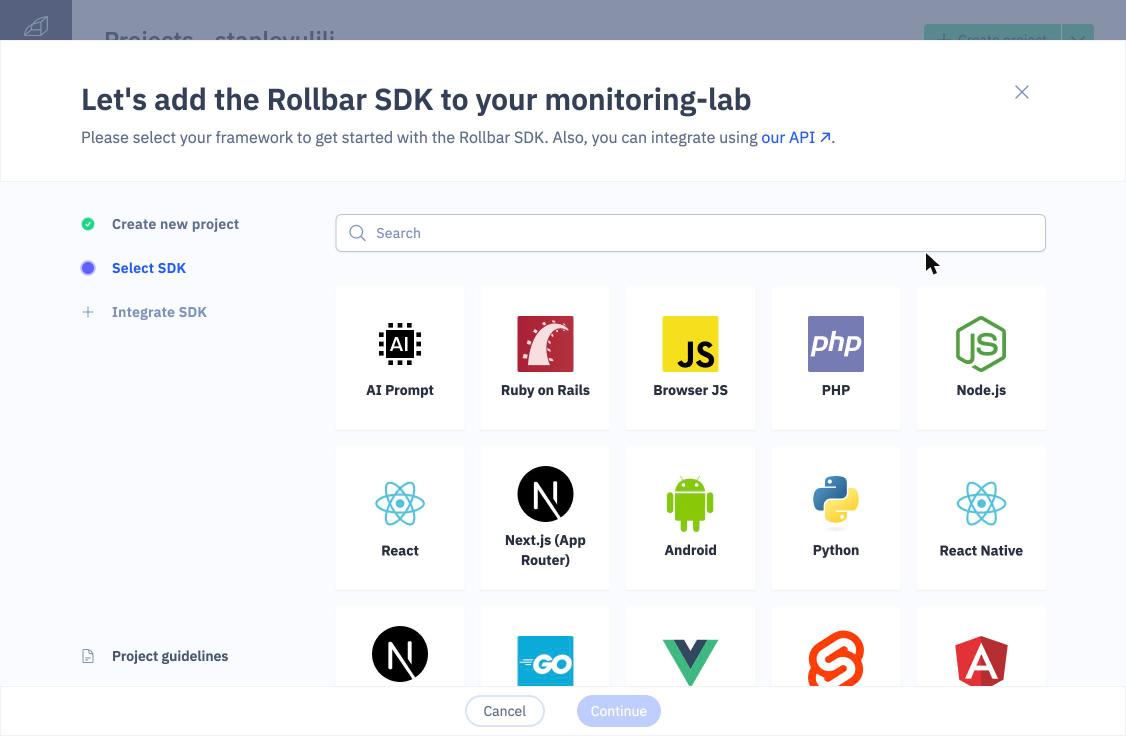 Rollbar onboarding SDK picker, one SDK at a time