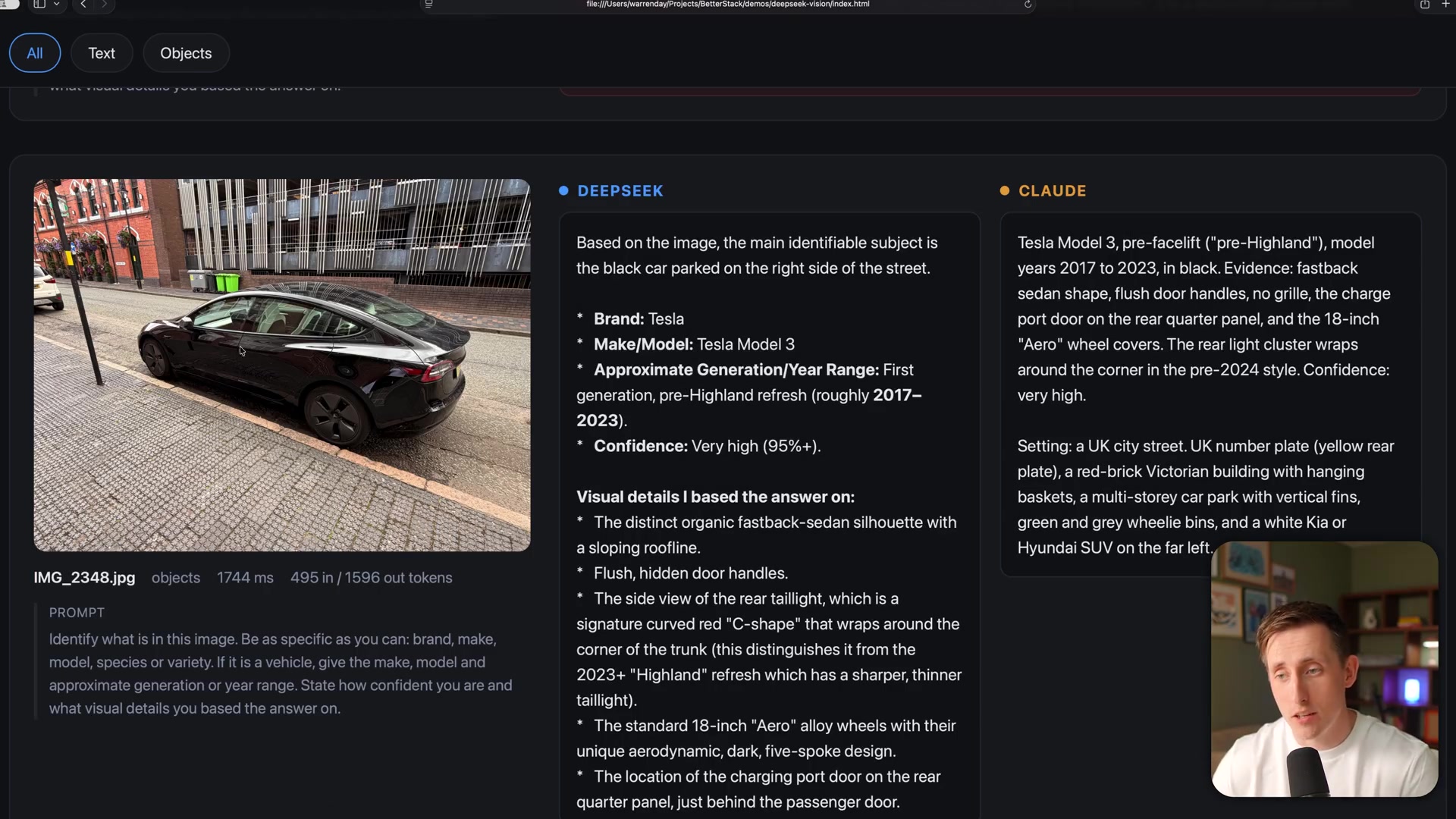 DeepSeek's highly accurate and detailed identification of a Tesla Model 3, demonstrating its capability with complex, branded objects.