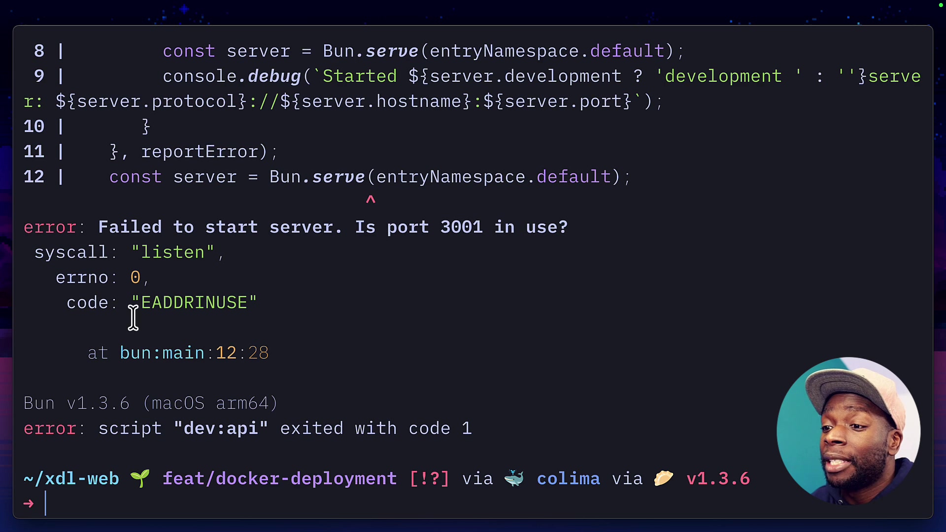 A terminal window displaying the common `EADDRINUSE` error, indicating that a port is already in use.