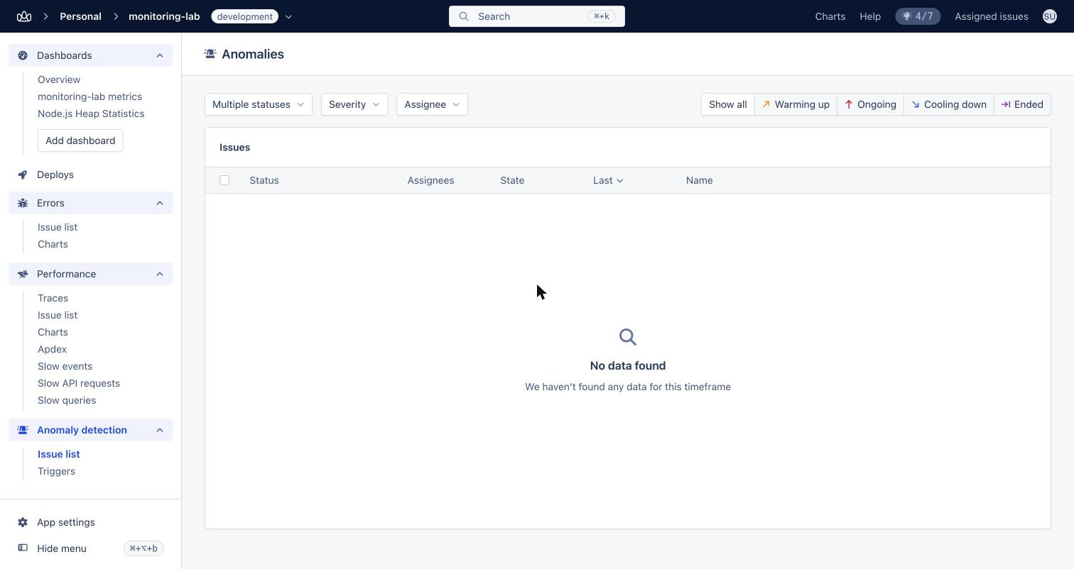 AppSignal anomalies list with no data after the bad release