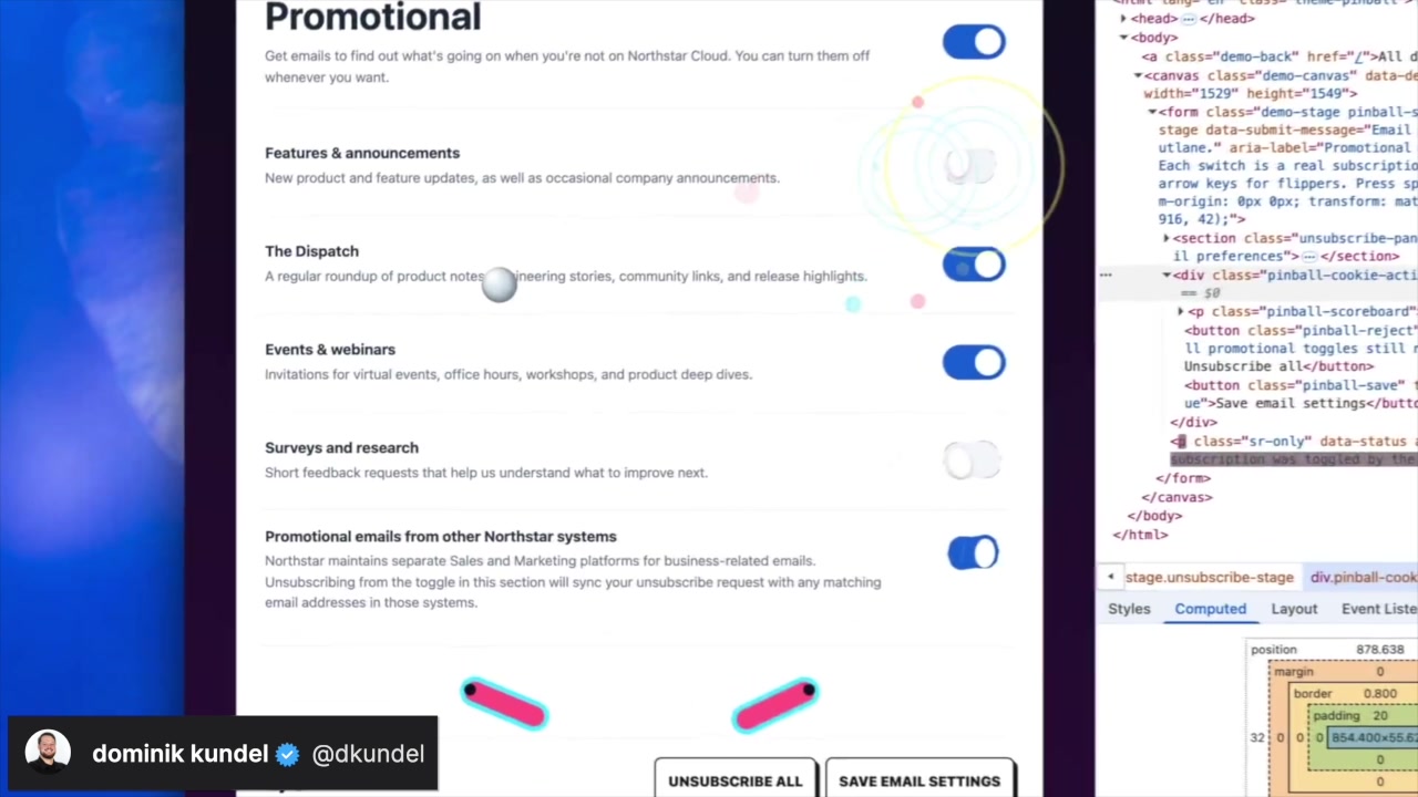 A creative "dark pattern" where a user must play pinball to unsubscribe from promotional emails demonstrating a novel UI interaction