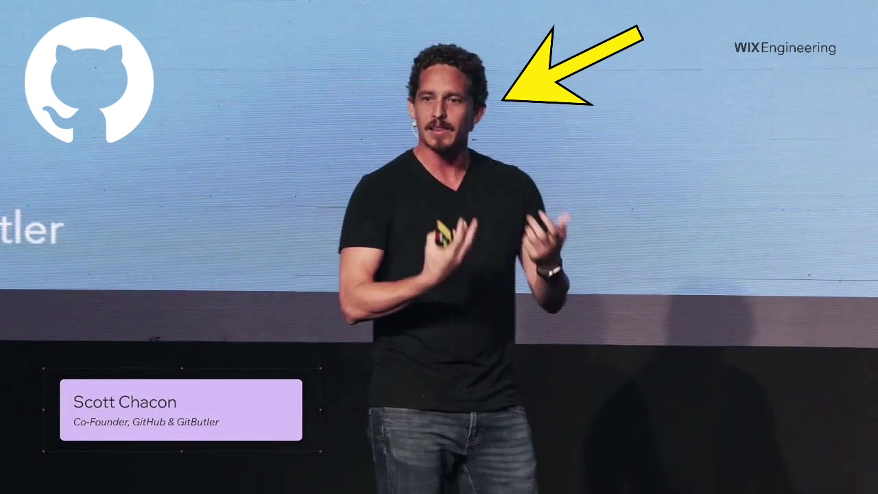 A shot of Scott Chacon, co-founder of GitHub and GitButler, giving a presentation.