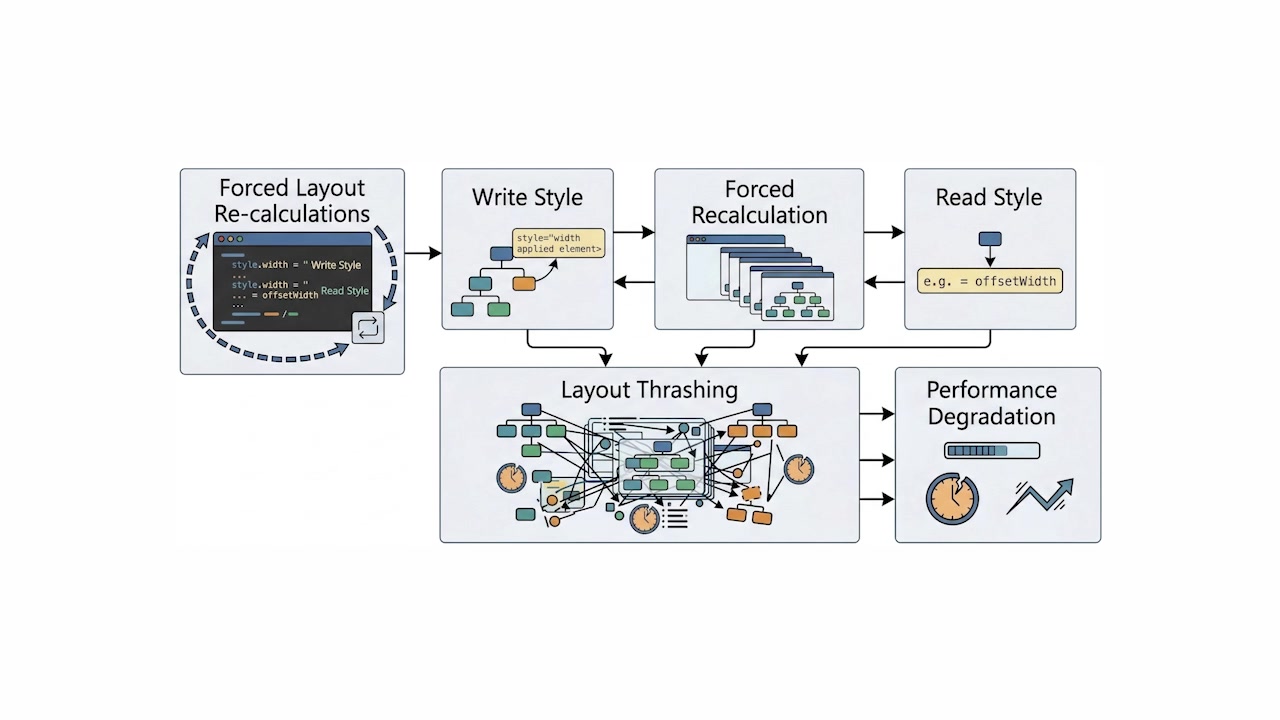 Flowchart showing how alternating between writing and reading styles forces multiple layout recalculations, resulting in layout thrashing