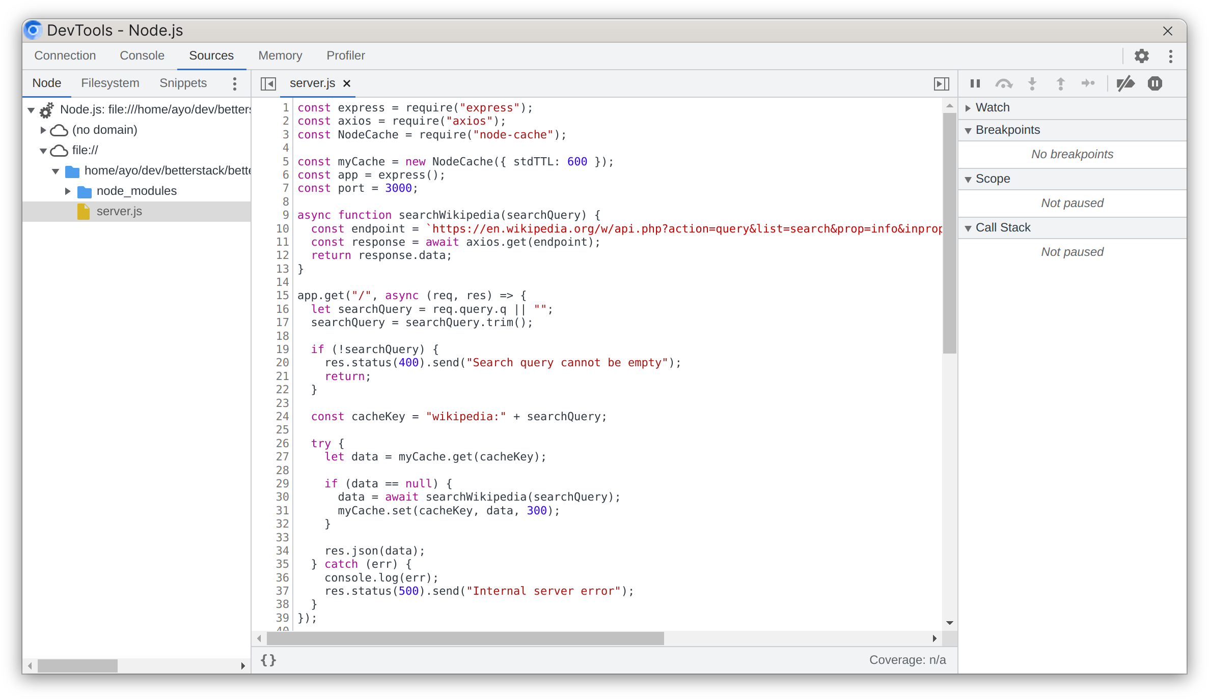 Node.js dedicated DevTools sources tab