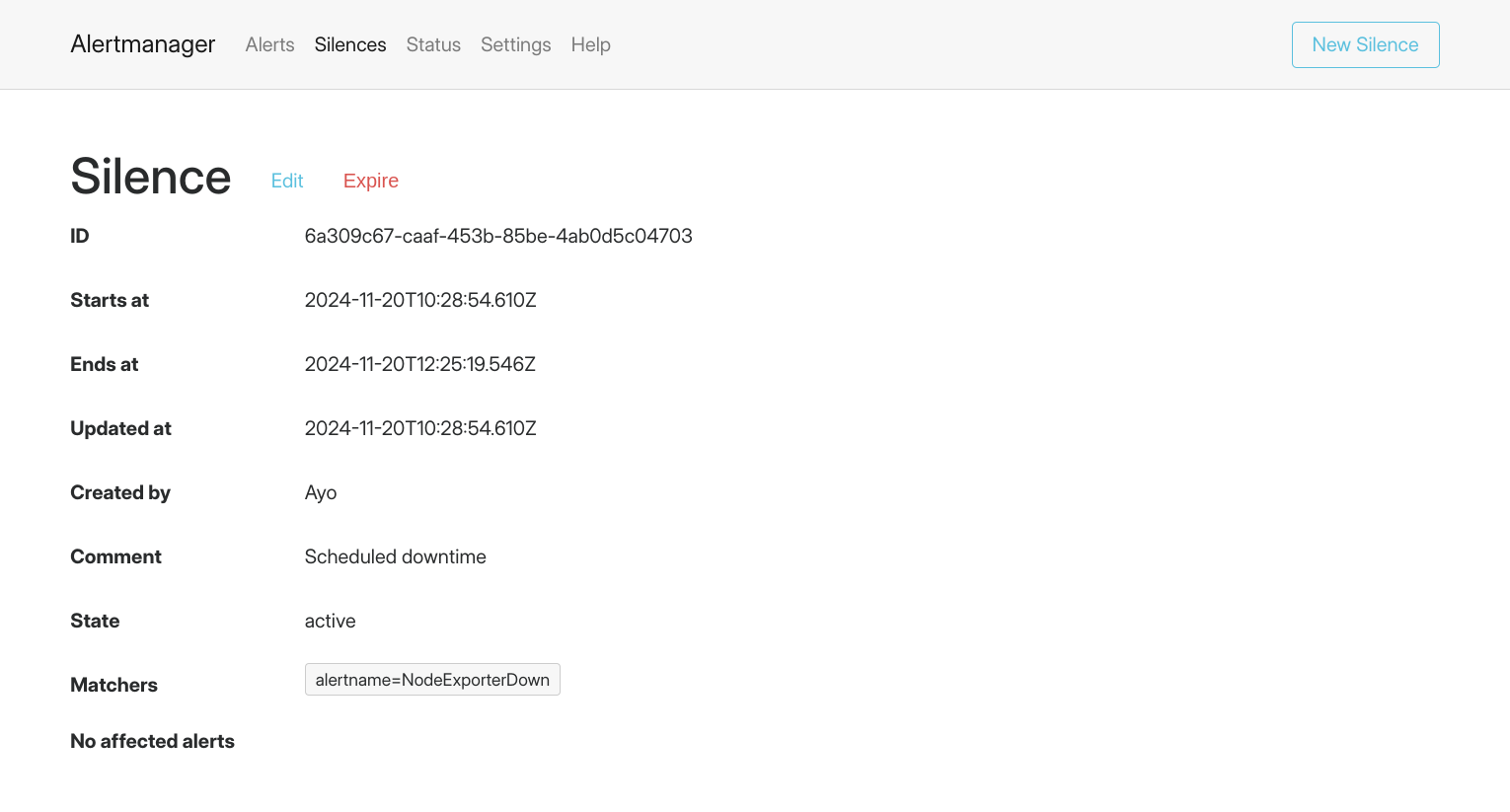 Alertmanager silencing created
