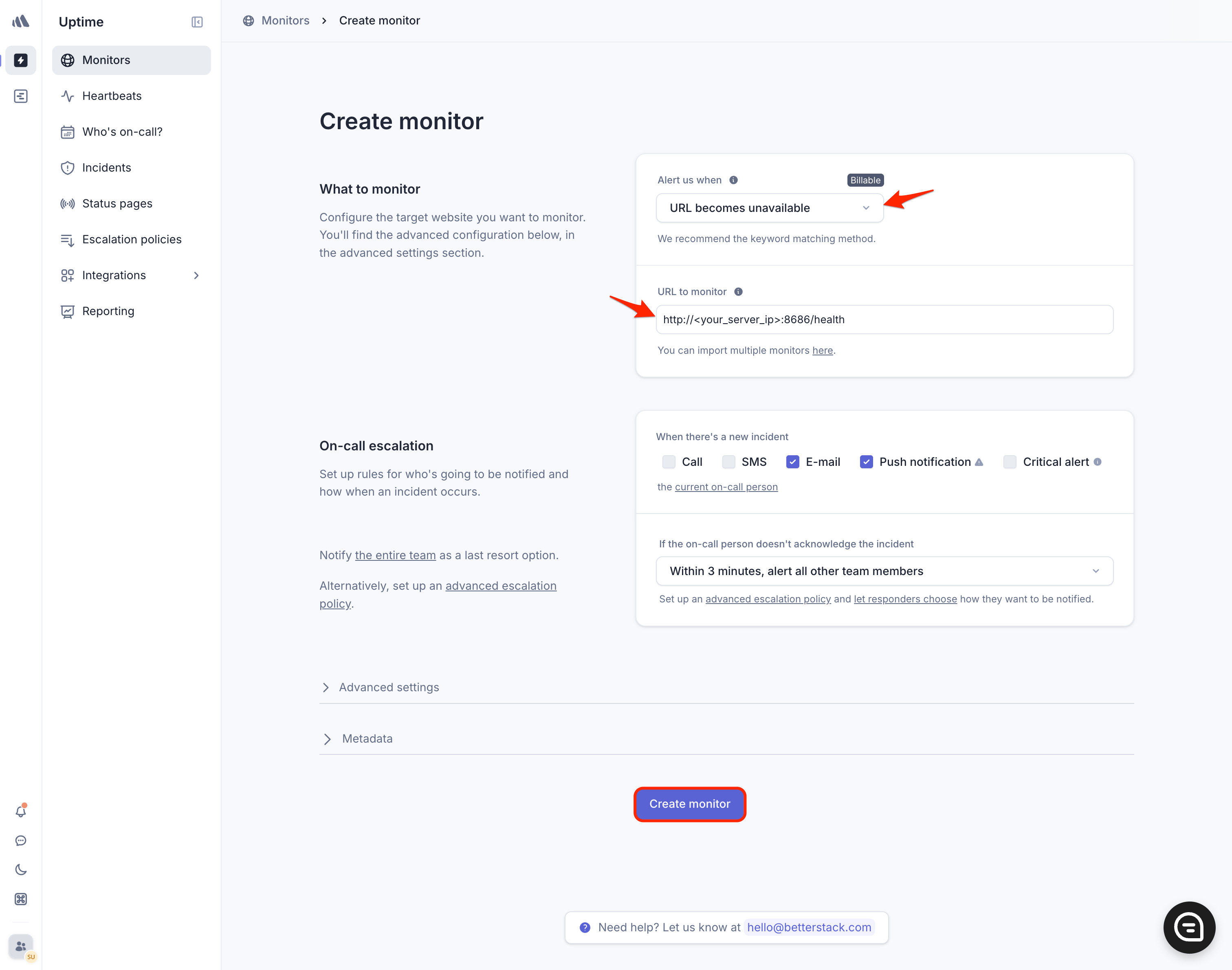 Screenshot of Better Stack with the necessary options set