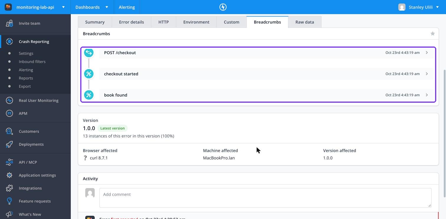 Raygun breadcrumbs for one checkout request