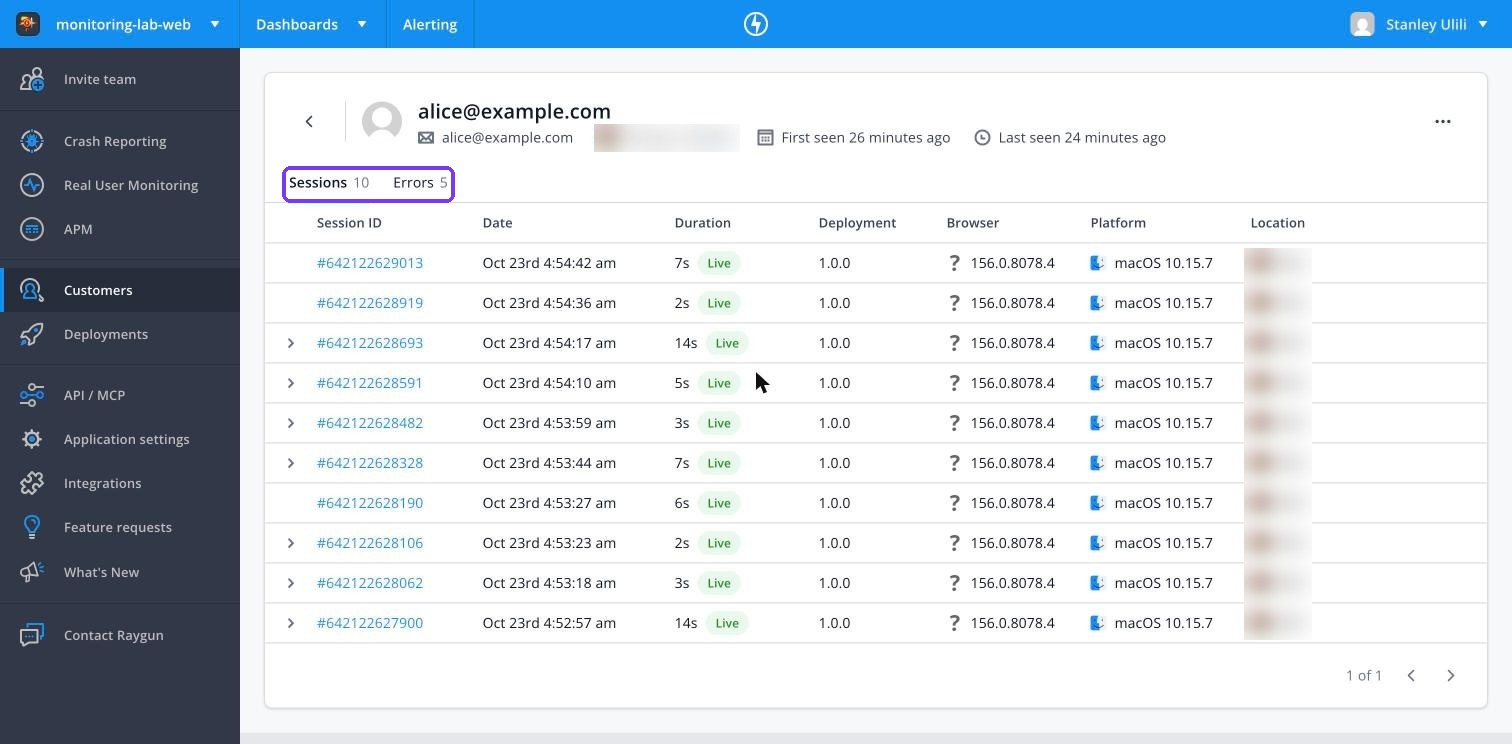 Raygun Customers page with sessions and errors per user