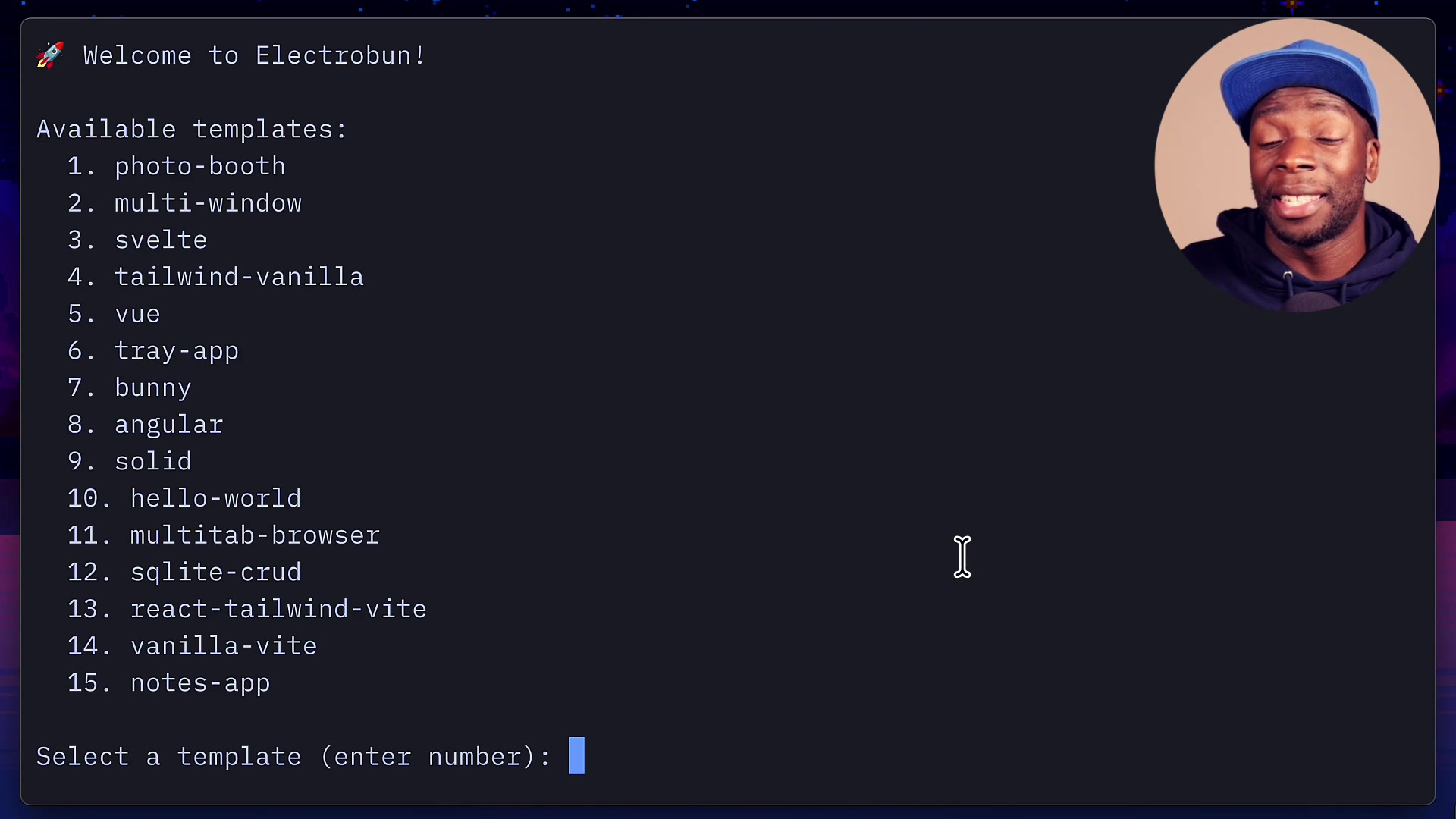 Terminal output from bunx electrobun init showing a list of available project templates including svelte, vue, angular, solid, react-tailwind-vite, multi-window, tray-app, notes-app, photo-booth, hello-world, and tailwind-vanilla