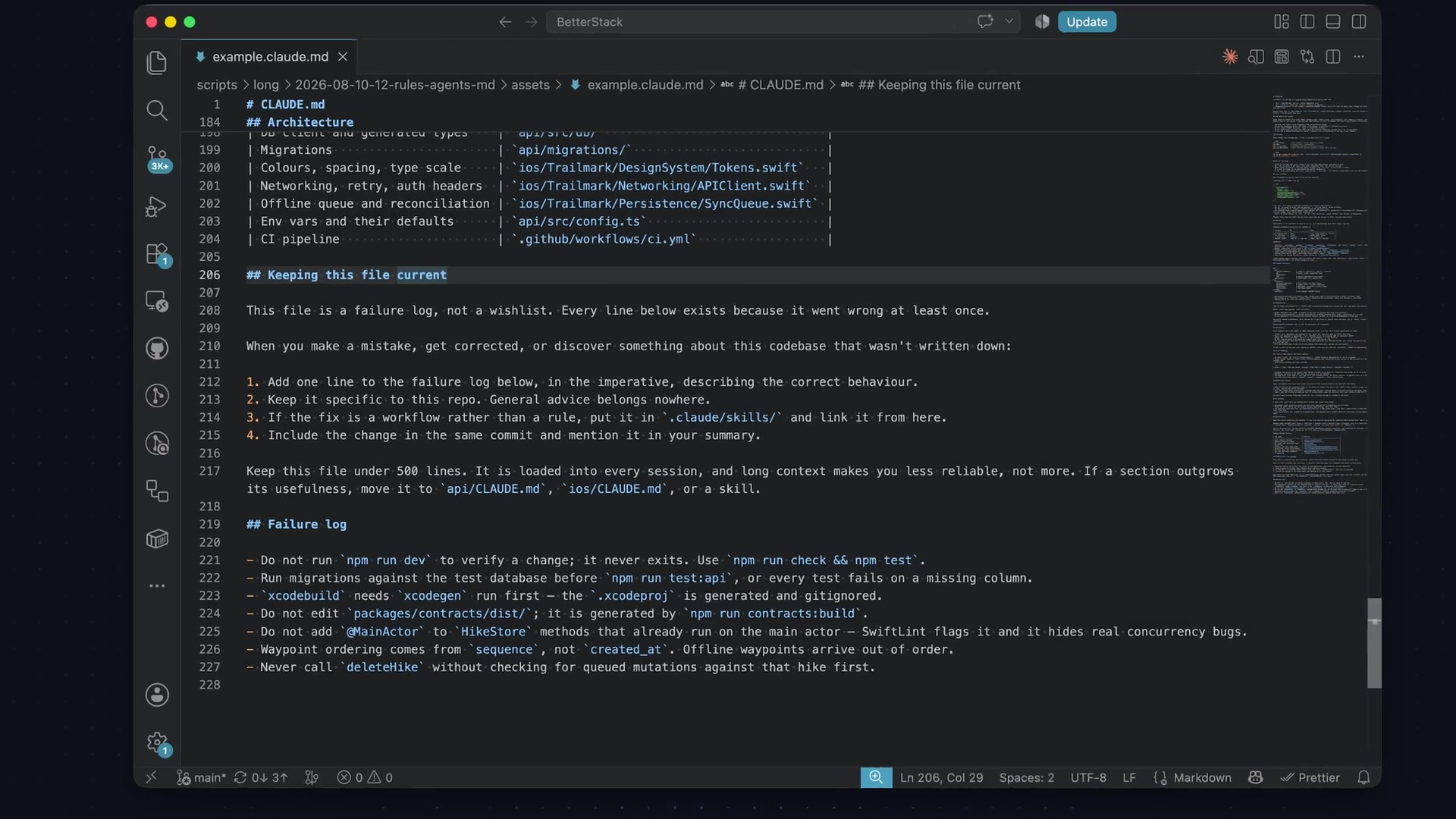 A code editor displaying the "Keeping this file current" section within a `claude.md` file, demonstrating the self-improvement instructions.
