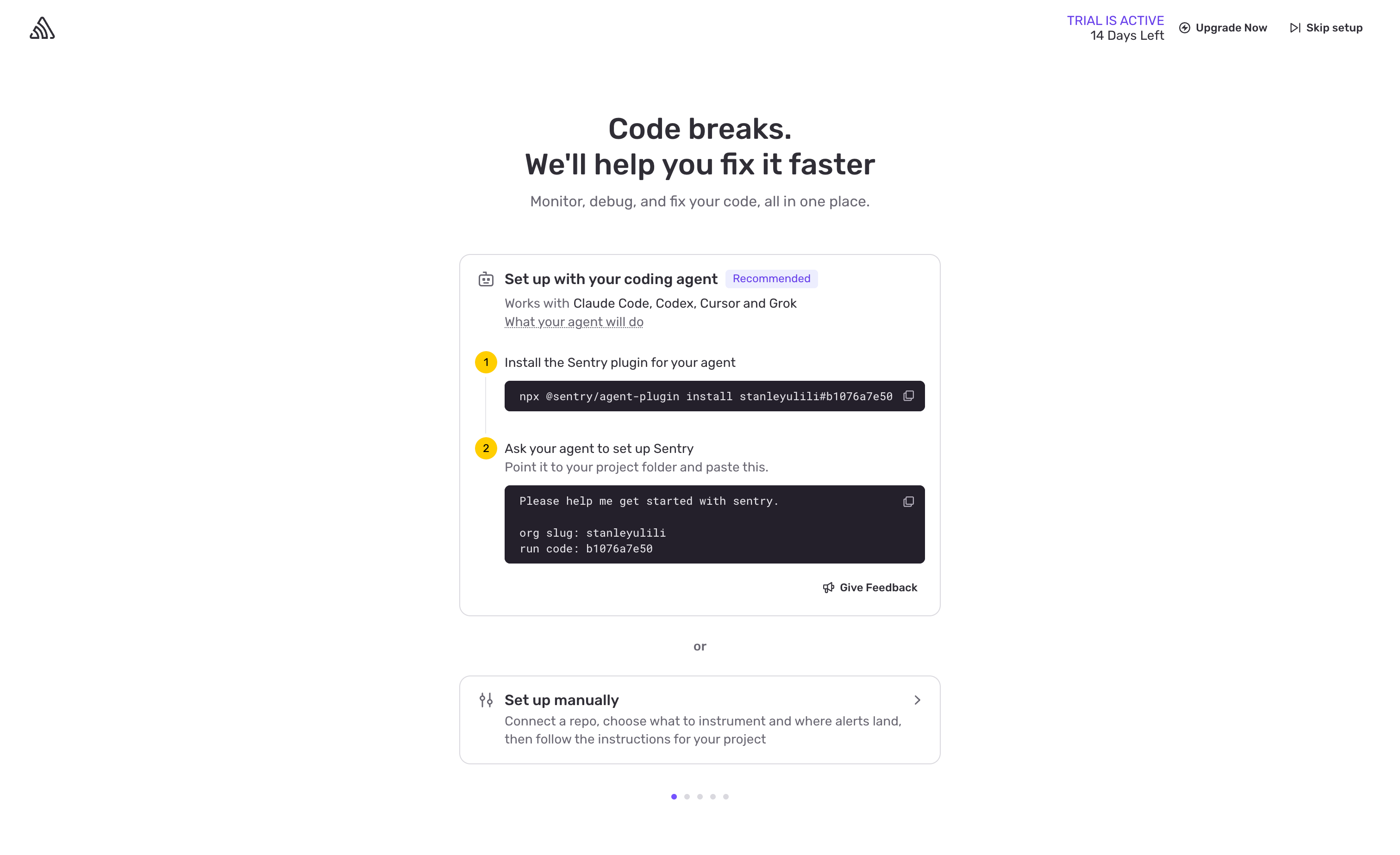 Screenshot: sentry-onboarding-01-coding-agent