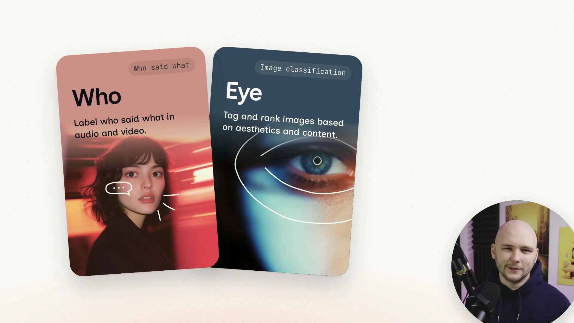 The 'Who' and 'Eye' model cards are displayed, succinctly describing their primary functions.