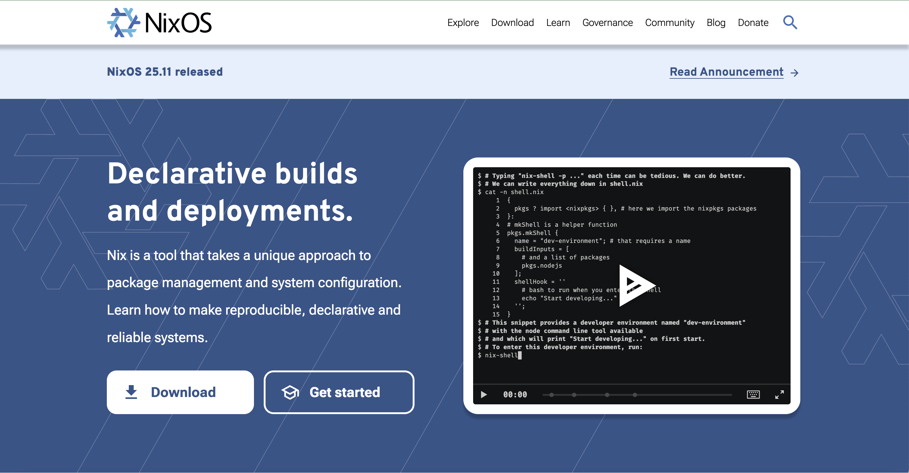 Screenshot of Nix website homepage