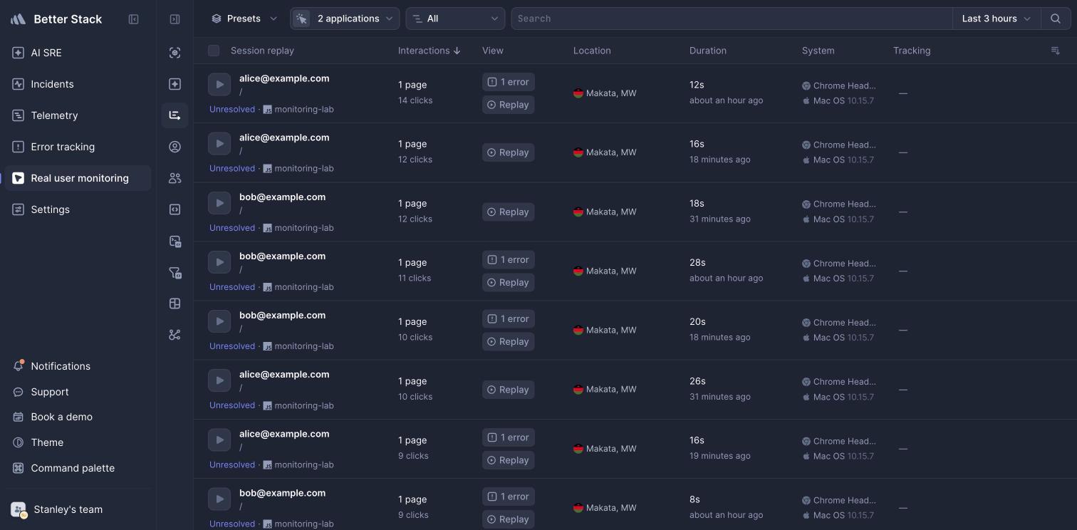 Better Stack replays list for the test sessions