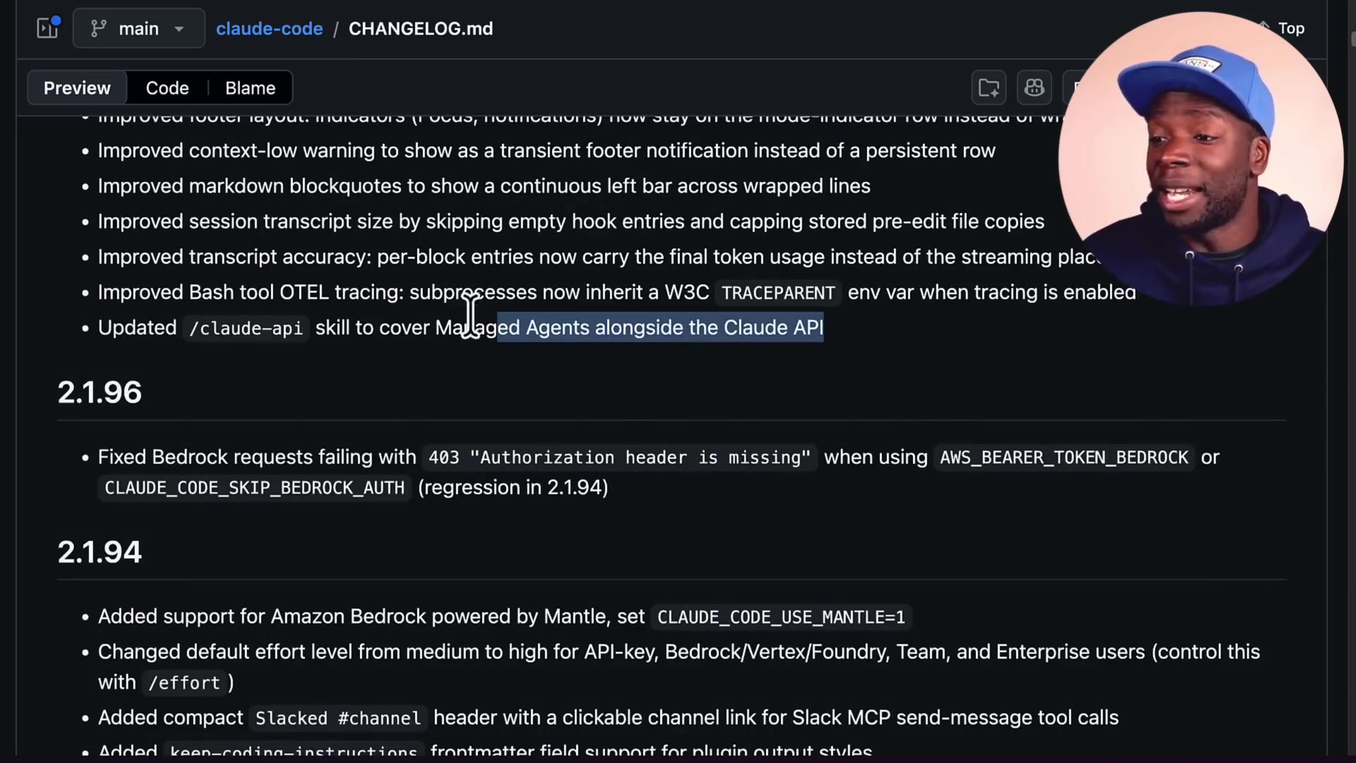 Claude Code changelog entry for version 2.1.96 adding the "Managed Agents alongside the Claude API" skill