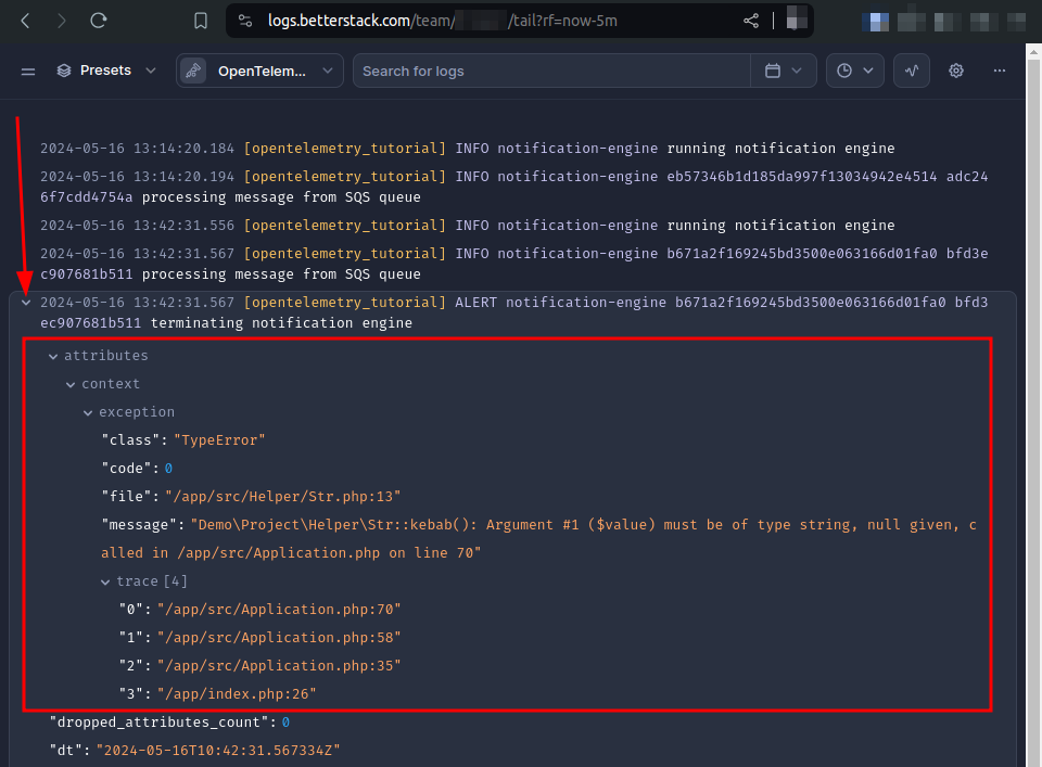log record exception context