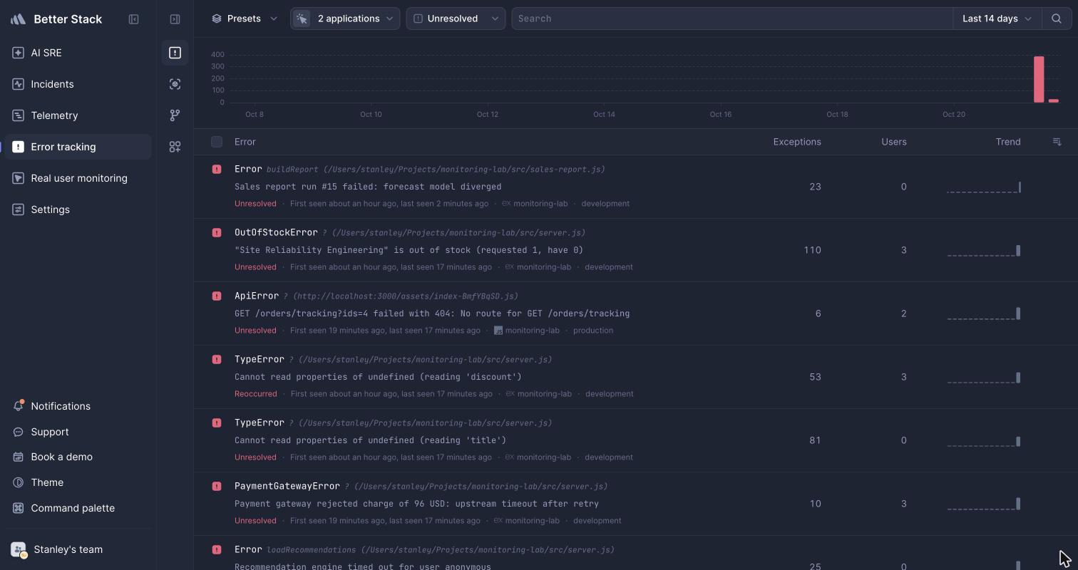 Better Stack errors list with backend and browser errors together