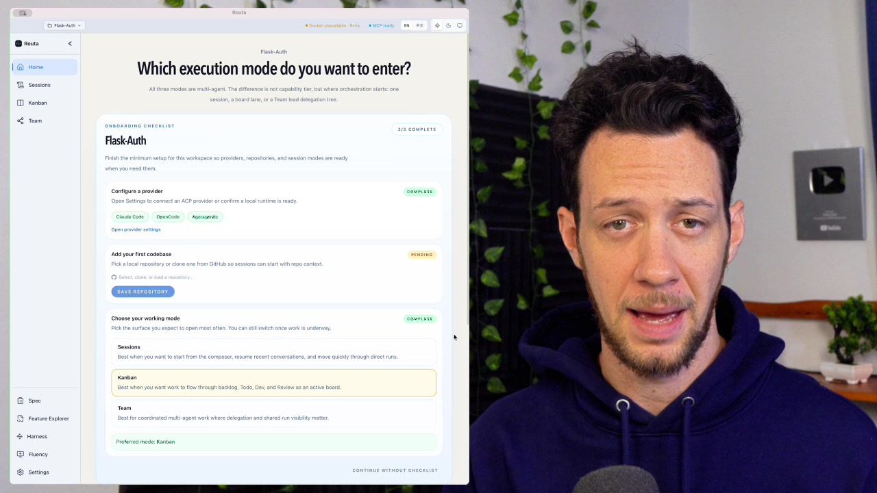 Routa onboarding checklist showing Configure a provider, Add your first codebase, and Choose your working mode