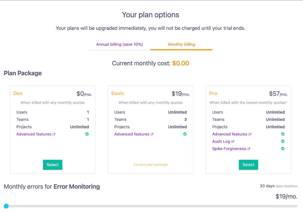 Airbrake pricing options in the tested account