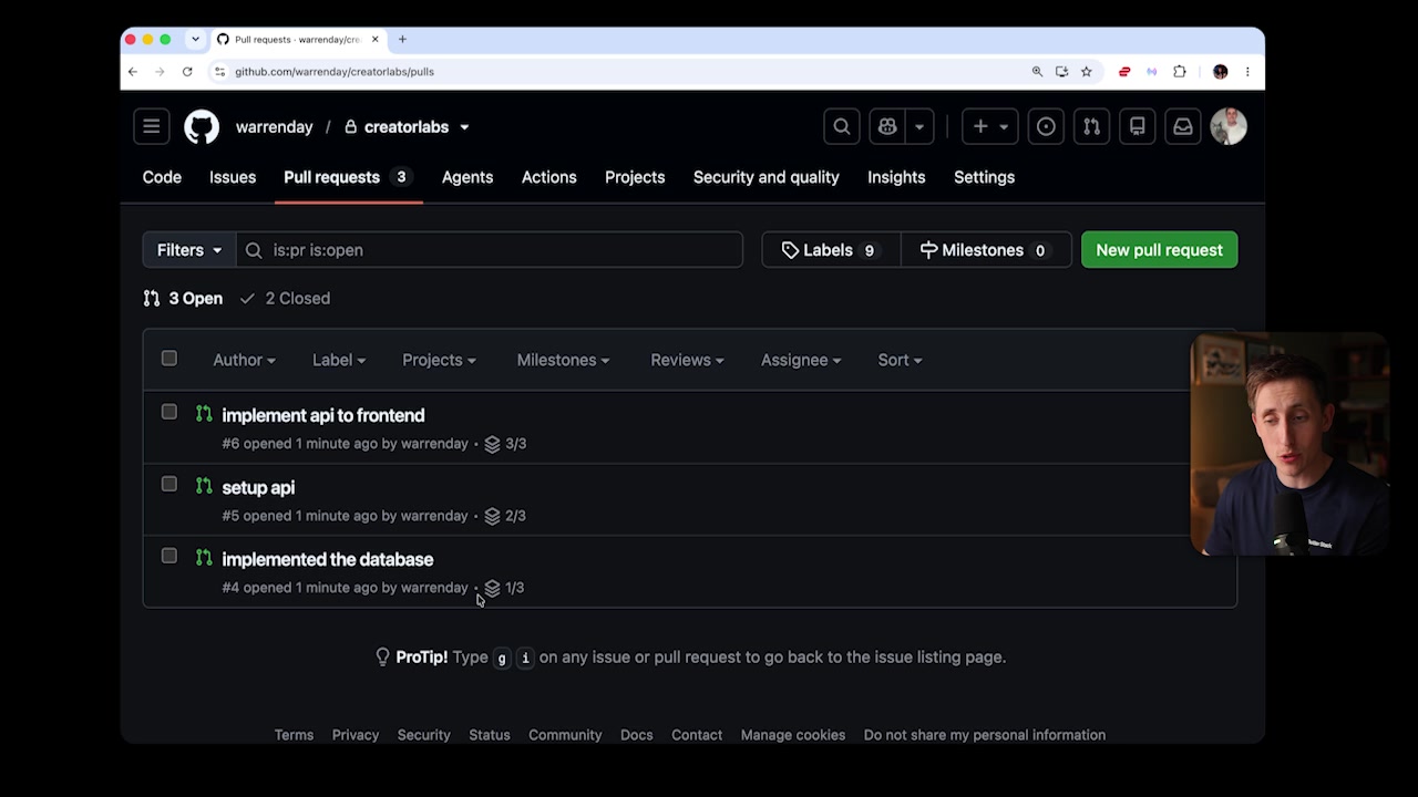 The GitHub Pull Requests list page, with three PRs clearly marked with stack icons (1/3, 2/3, 3/3).