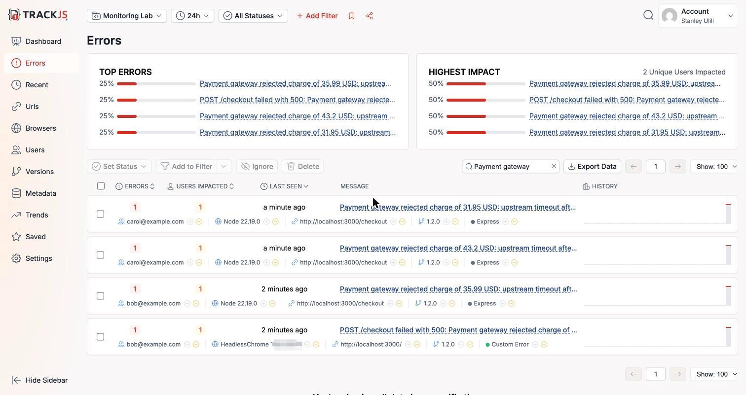 TrackJS payment errors split into one group per amount