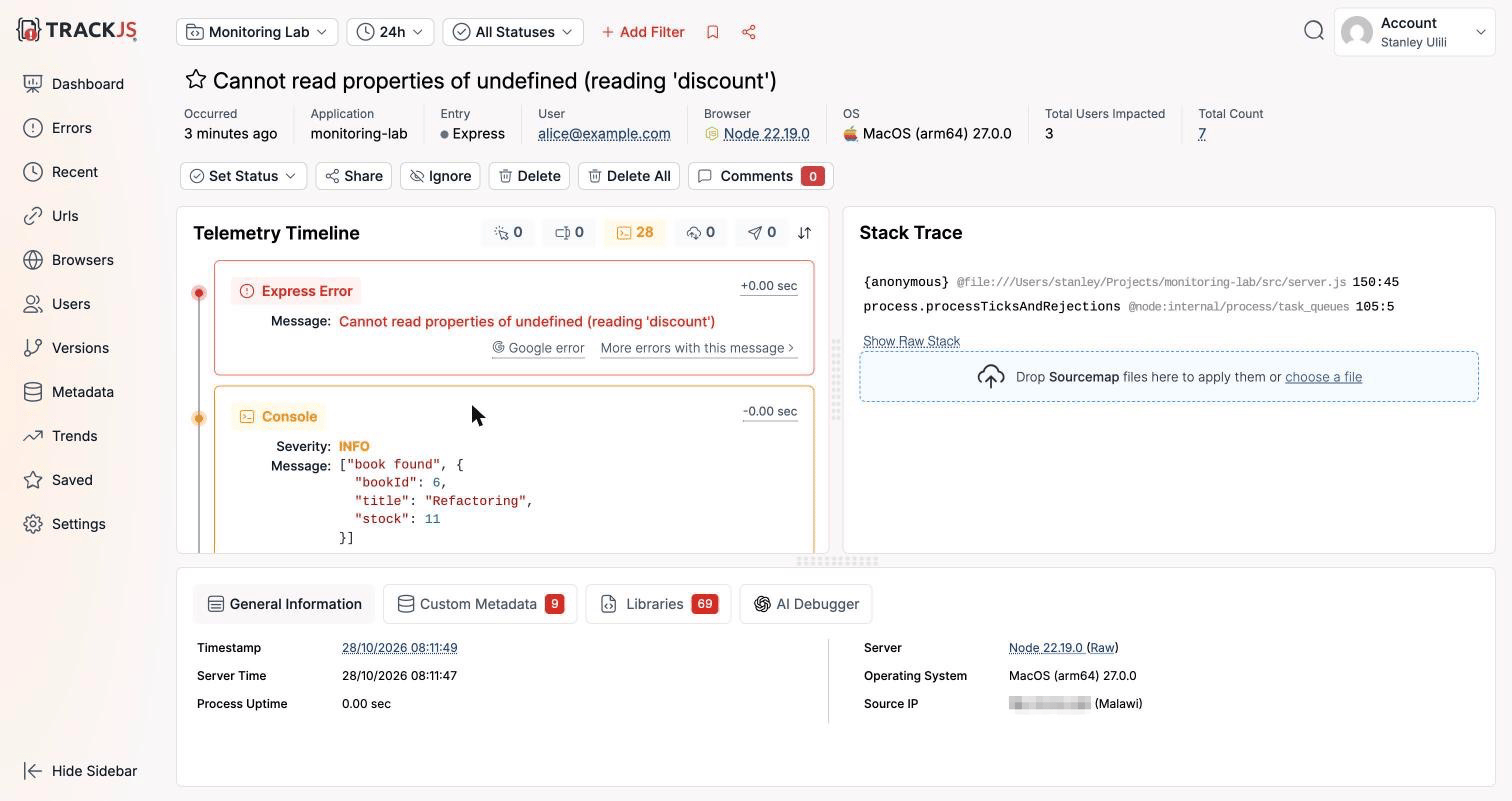 TrackJS server coupon error opened from the browser request