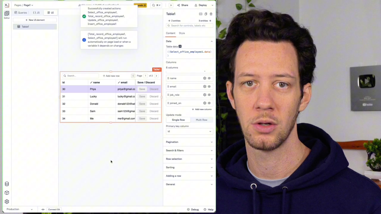 Application canvas showing a populated Table widget with automatically generated columns and rows filled from the database query