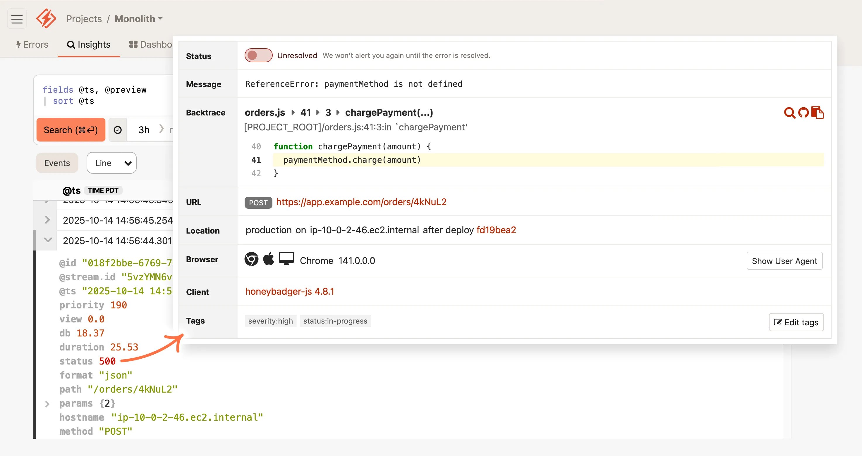 SCREENSHOT: Honeybadger error tracking dashboard with stack trace view