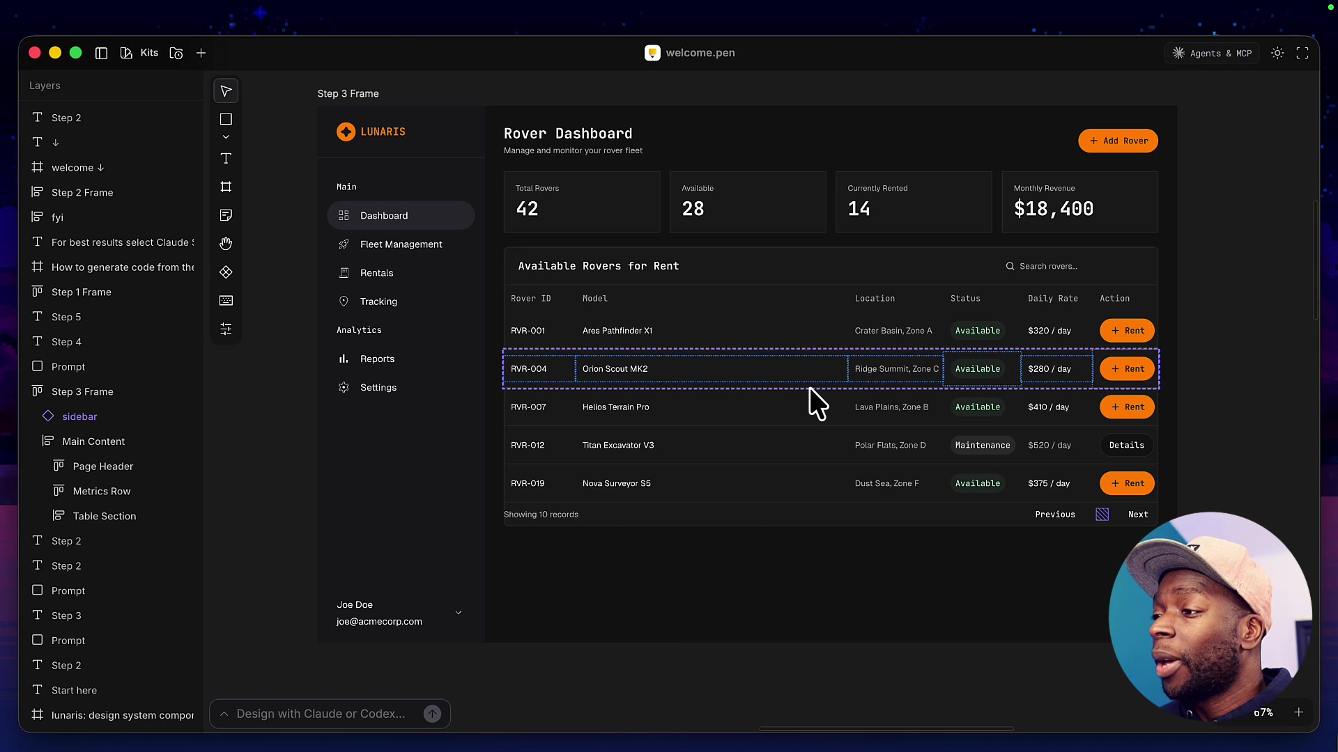 The completed Rover Dashboard design within Pencil, showcasing a sidebar, metric cards, and a data table.