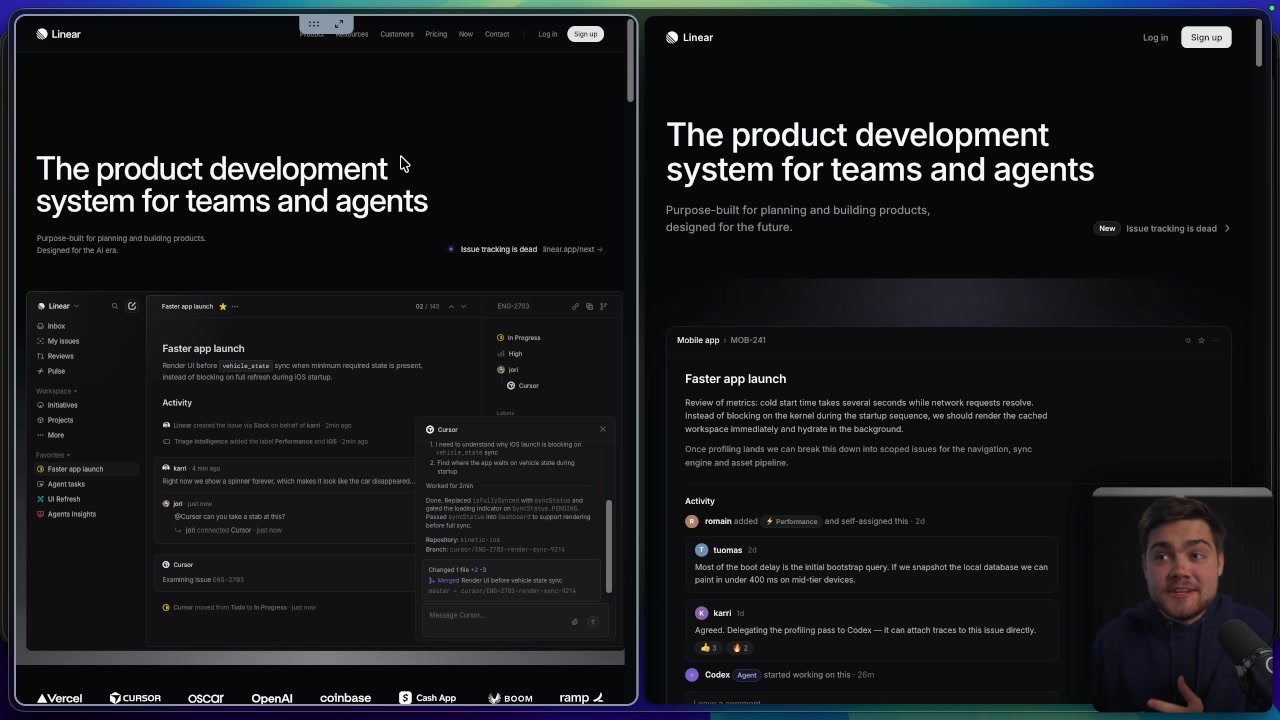 A side-by-side comparison showing the original Linear app website on the left and a nearly identical, fully functional replica on the right, generated by Claude Fable 5 from just a screenshot.