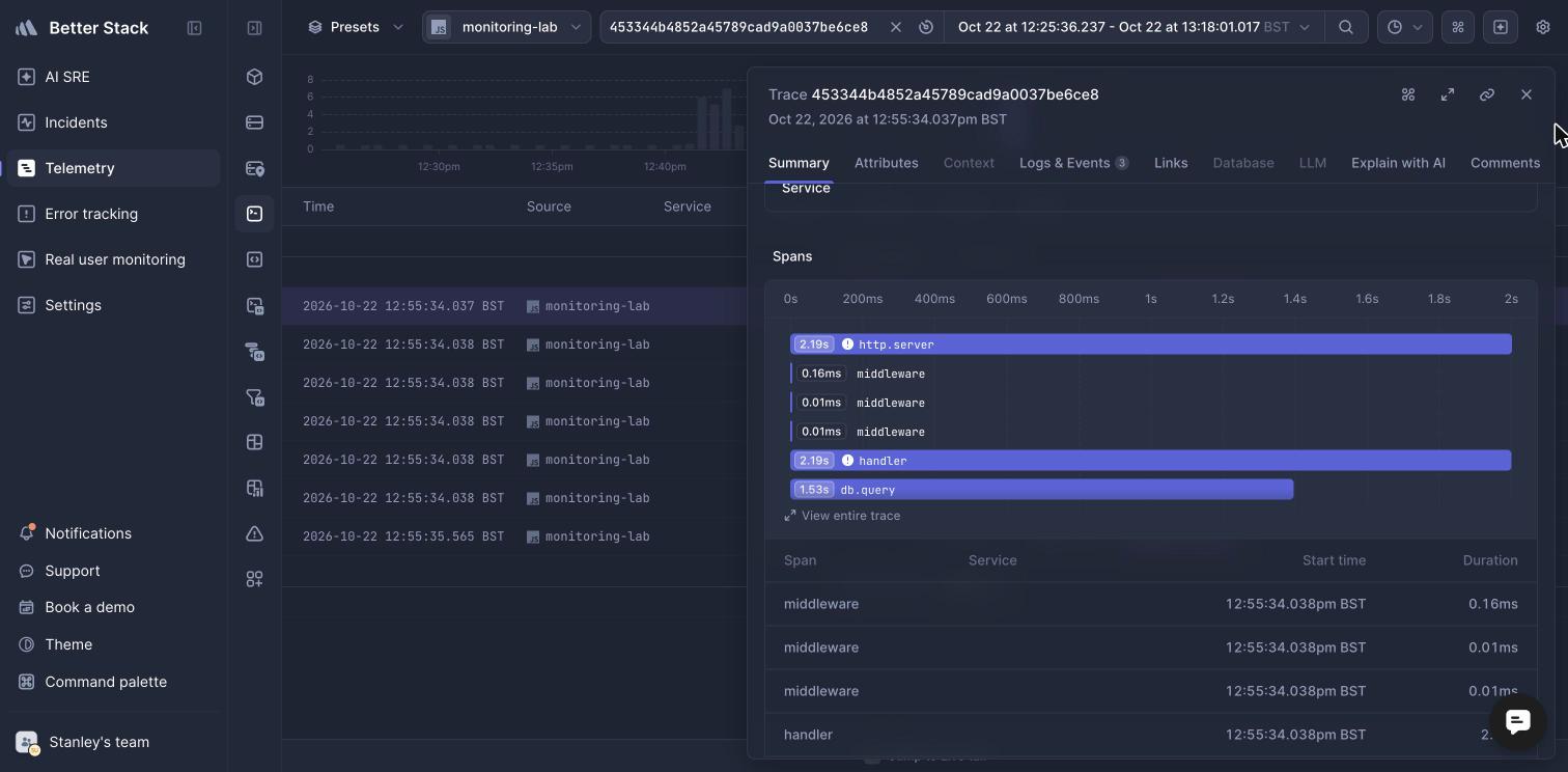Better Stack trace waterfall for a slow checkout