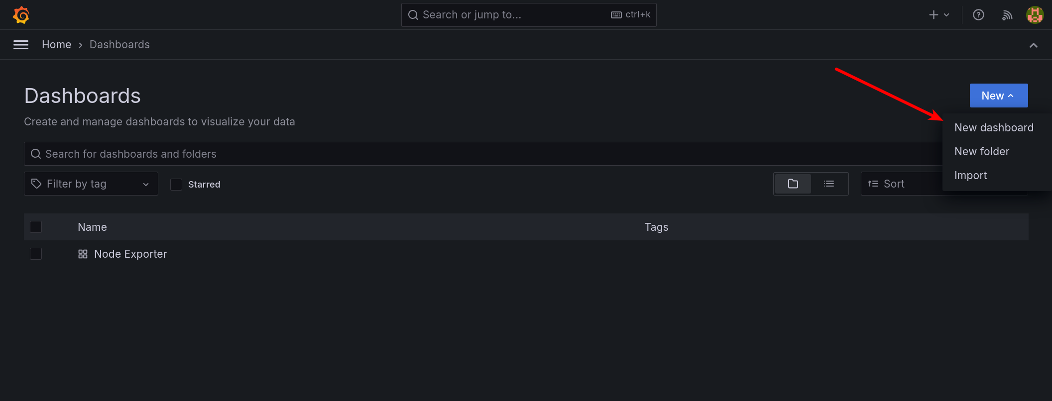 Create a new dashboard in Grafana
