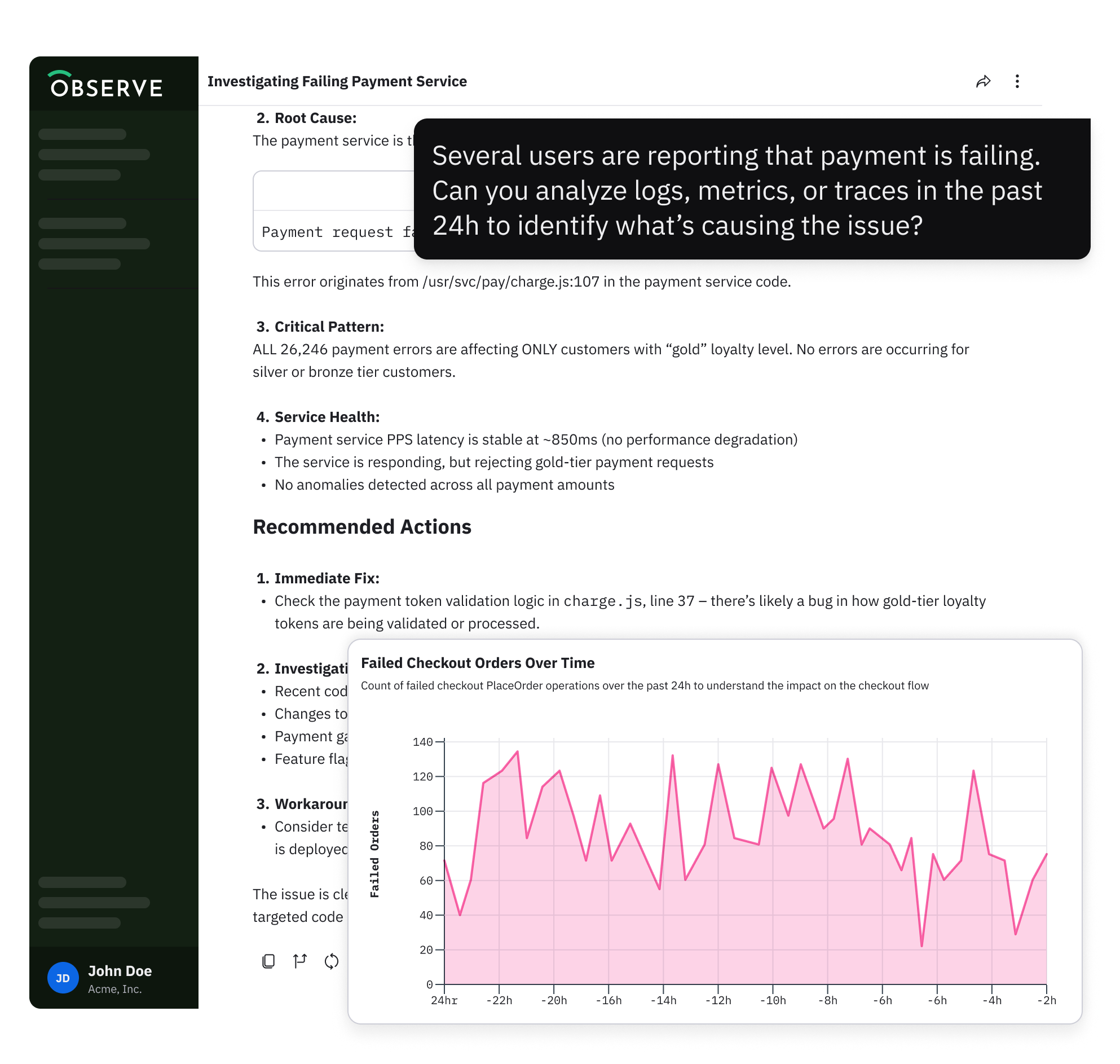 SCREENSHOT: Observe AI SRE chat interface investigating a latency spike