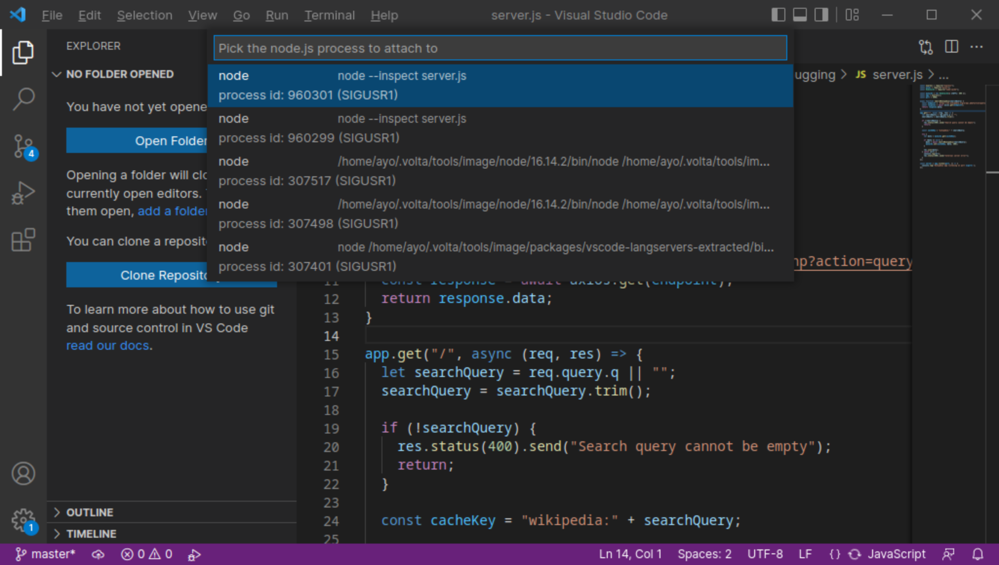 VS Code attach to node process