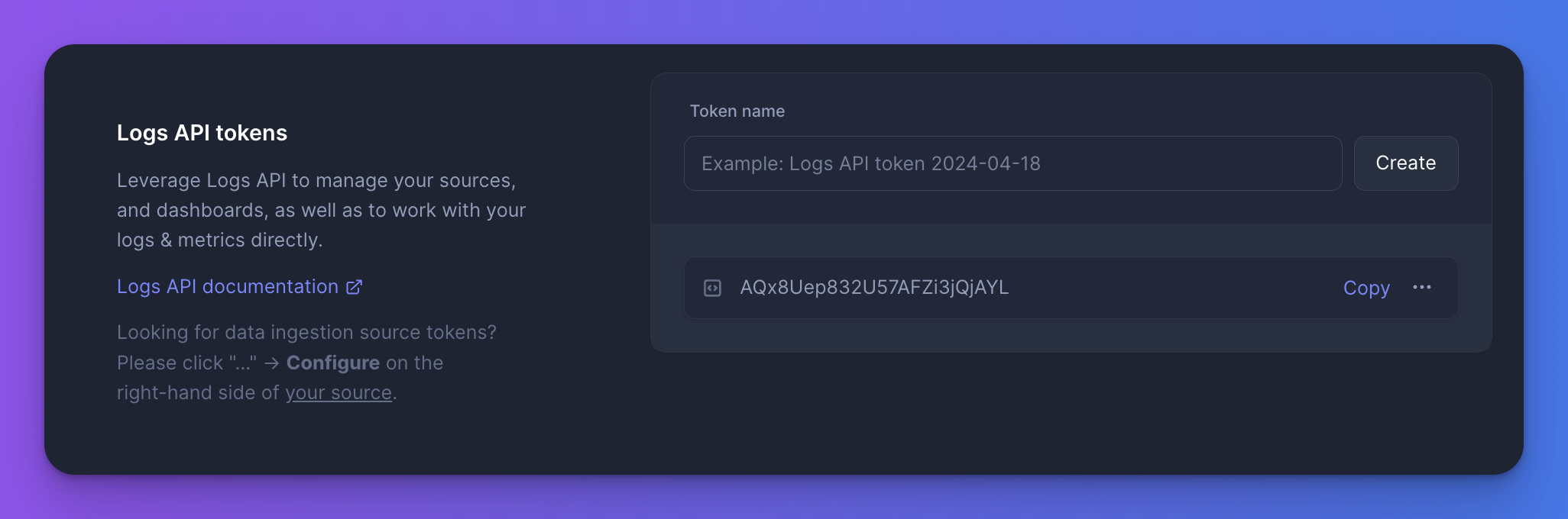 Screenshot of Logs API tokens