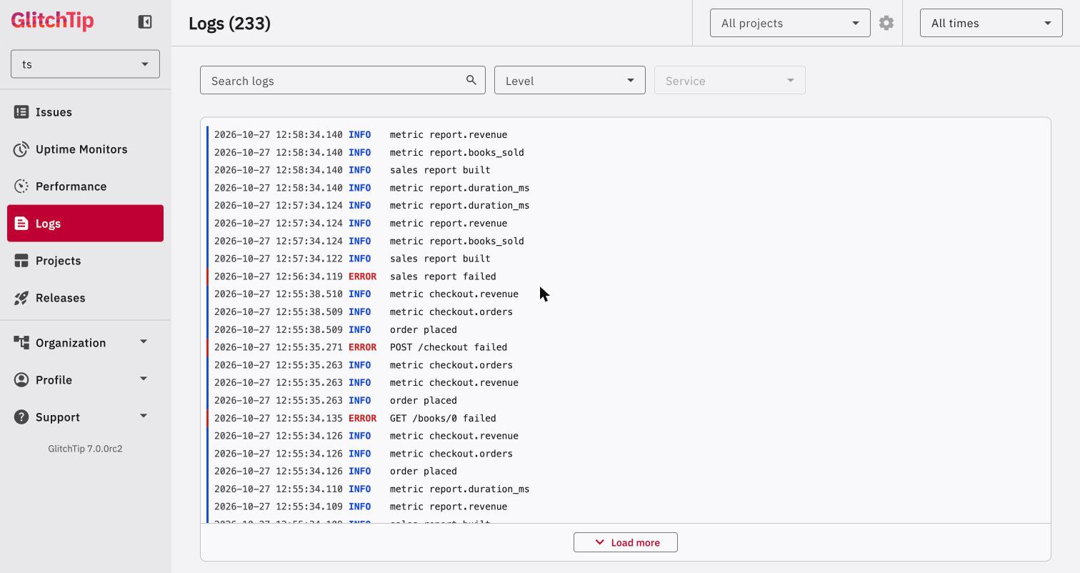 GlitchTip Logs page