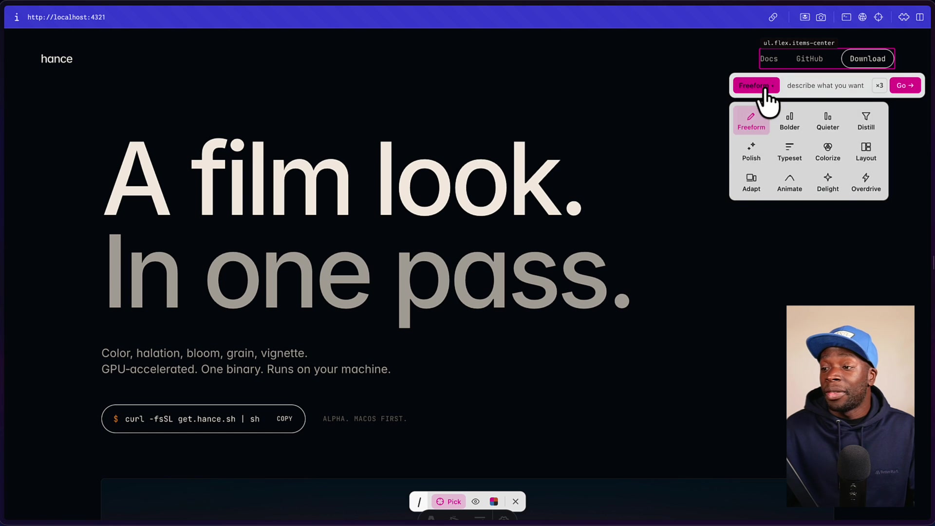 The Impeccable Live Mode UI widget appearing on the website after an element is selected