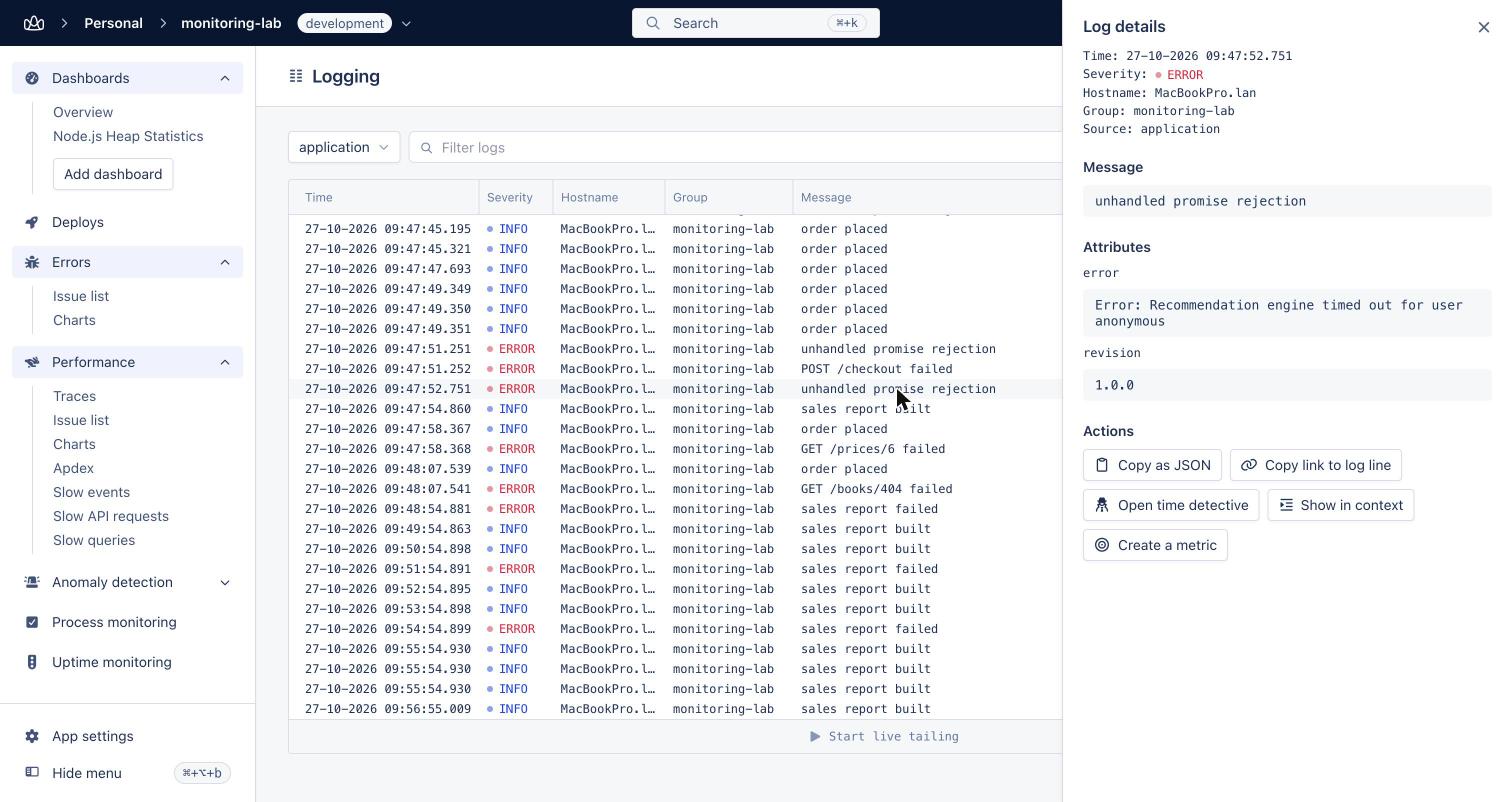 AppSignal log line holding the unhandled rejection