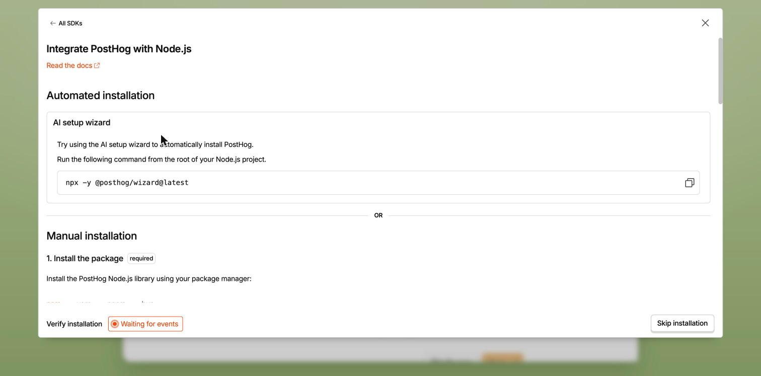 PostHog Node.js setup page with the Express error handler note