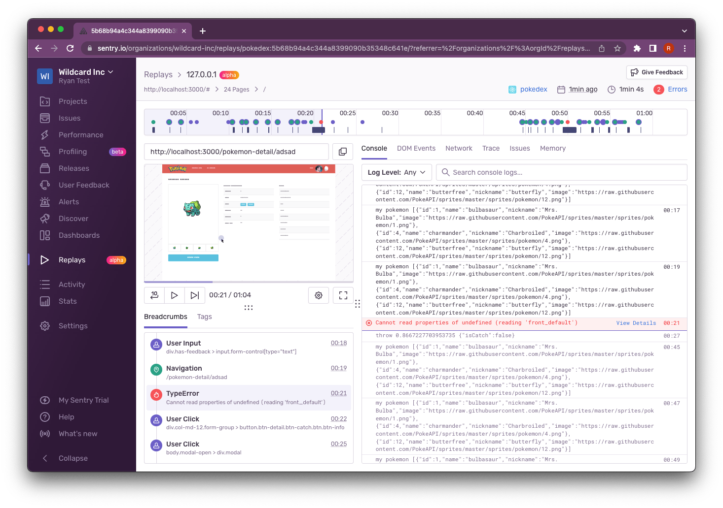 Screenshot of Sentry session replay