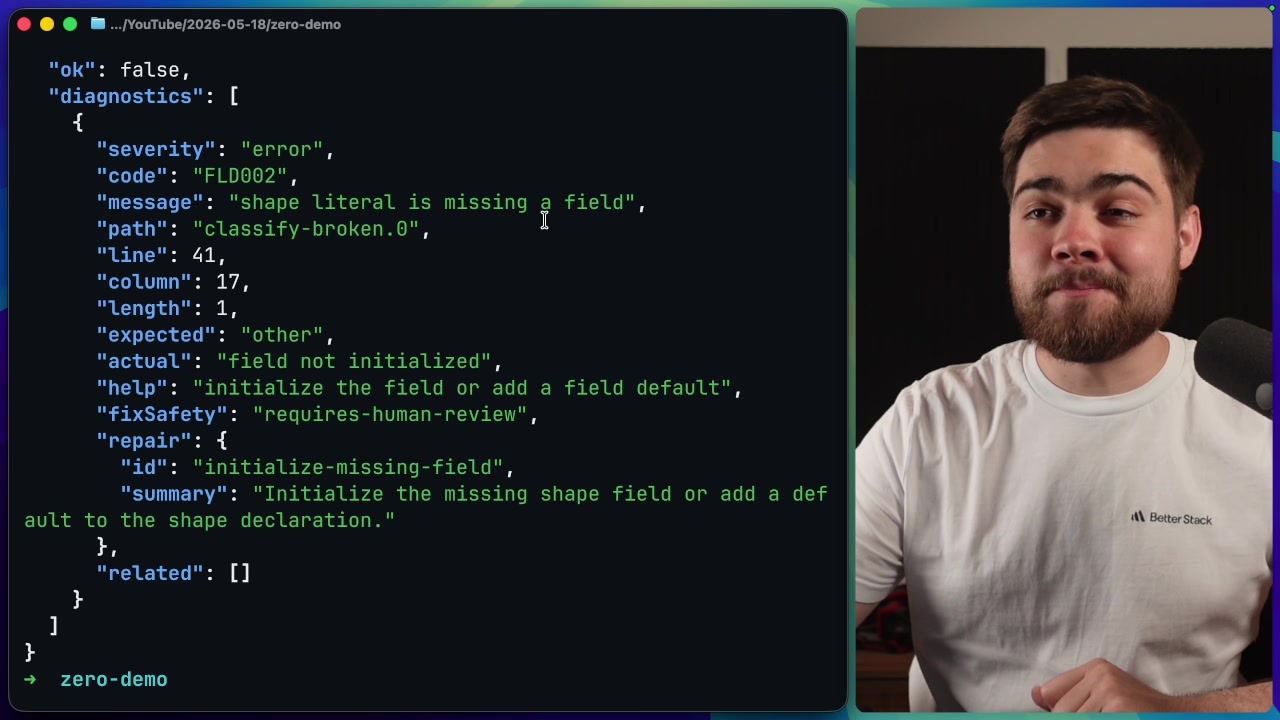 Terminal showing a comprehensive JSON object detailing the error