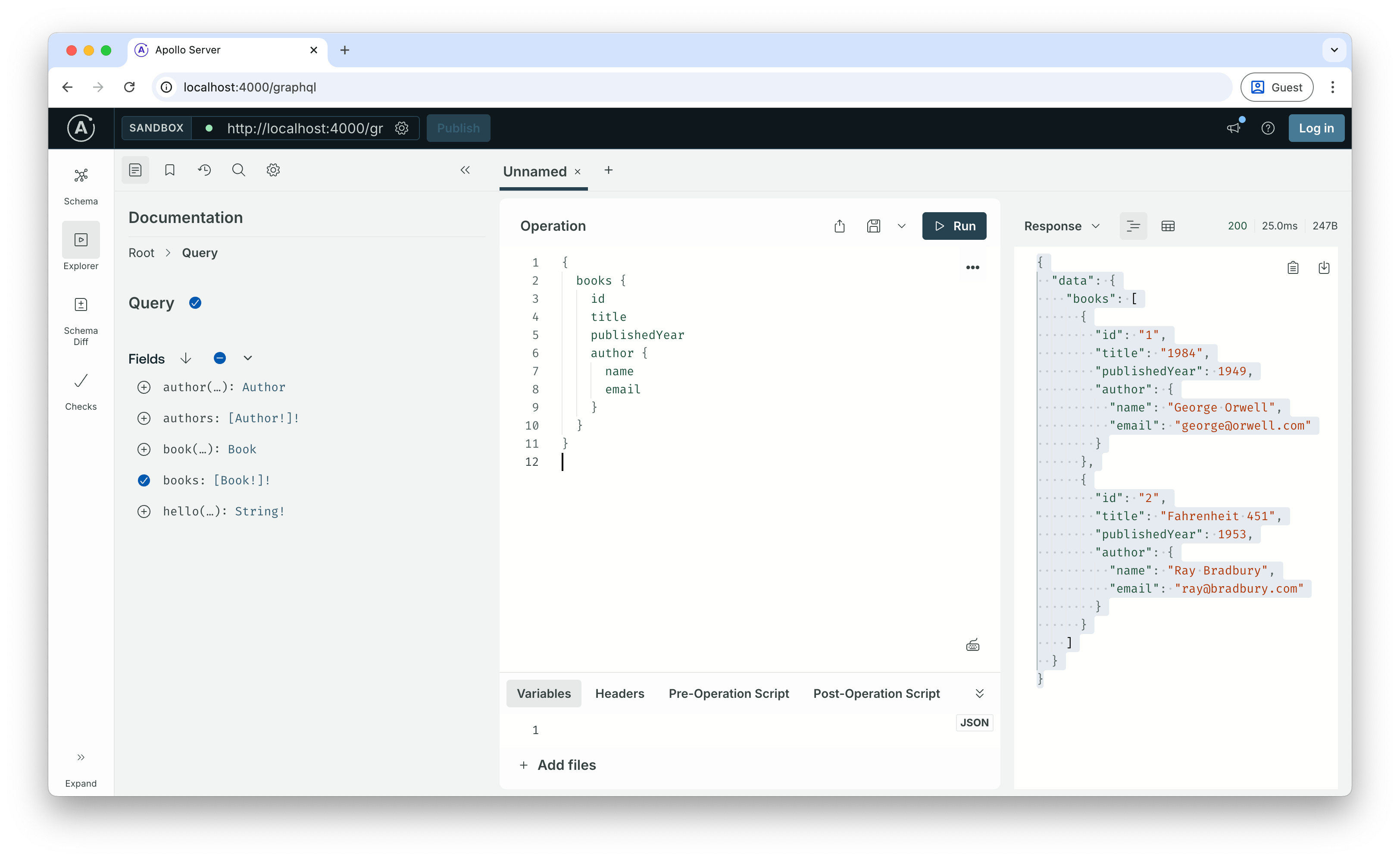 Screenshot in the GraphQL interface showing the author information populated