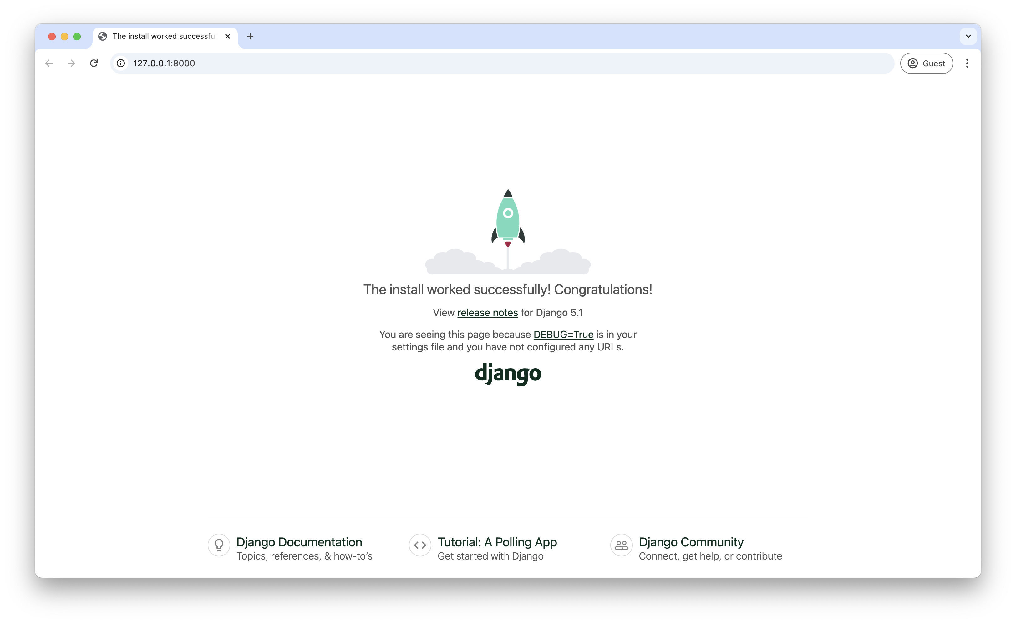 Screenshot of the default Django welcome page