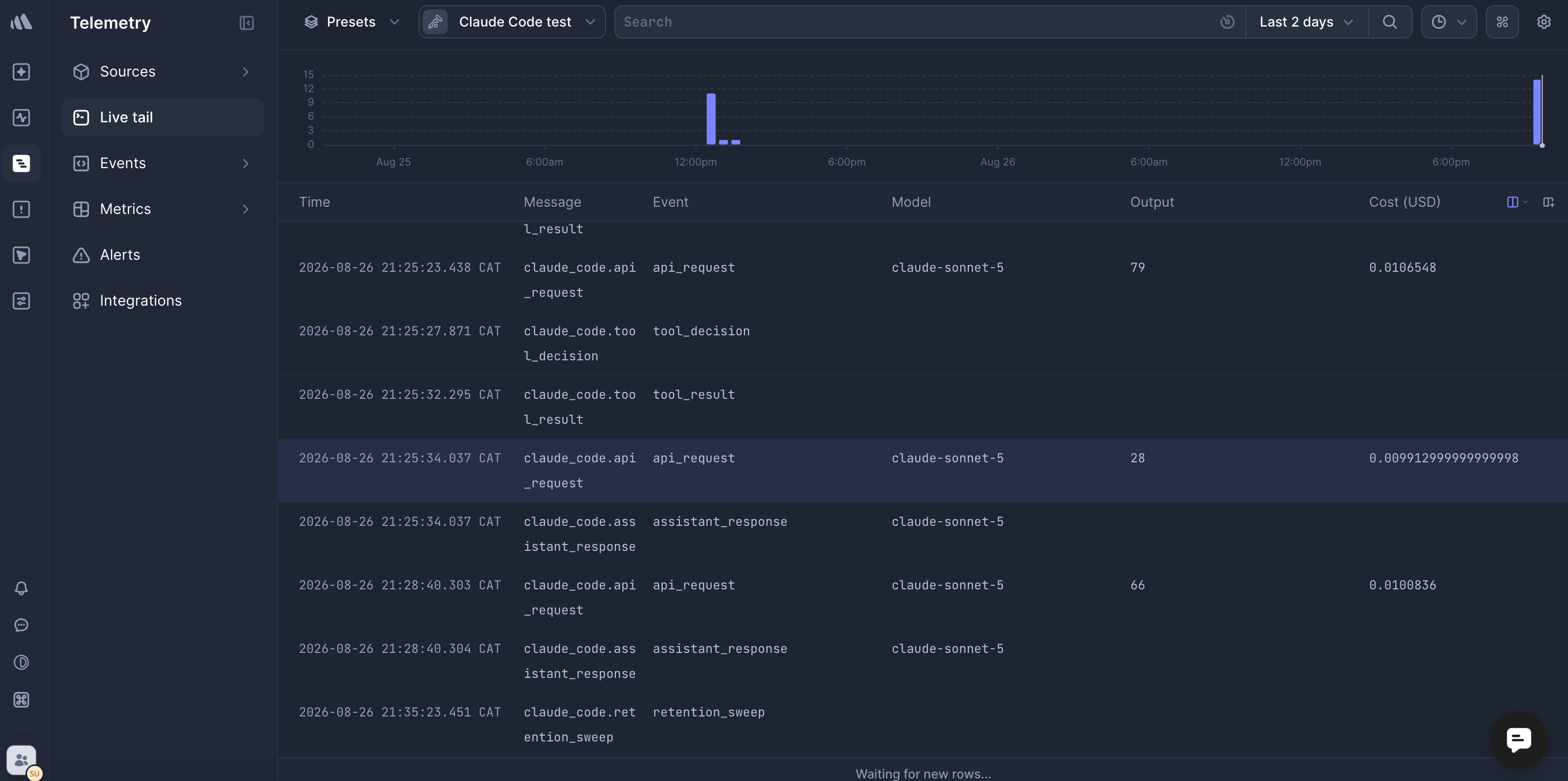 Live tail showing Claude Code events arriving in Better Stack