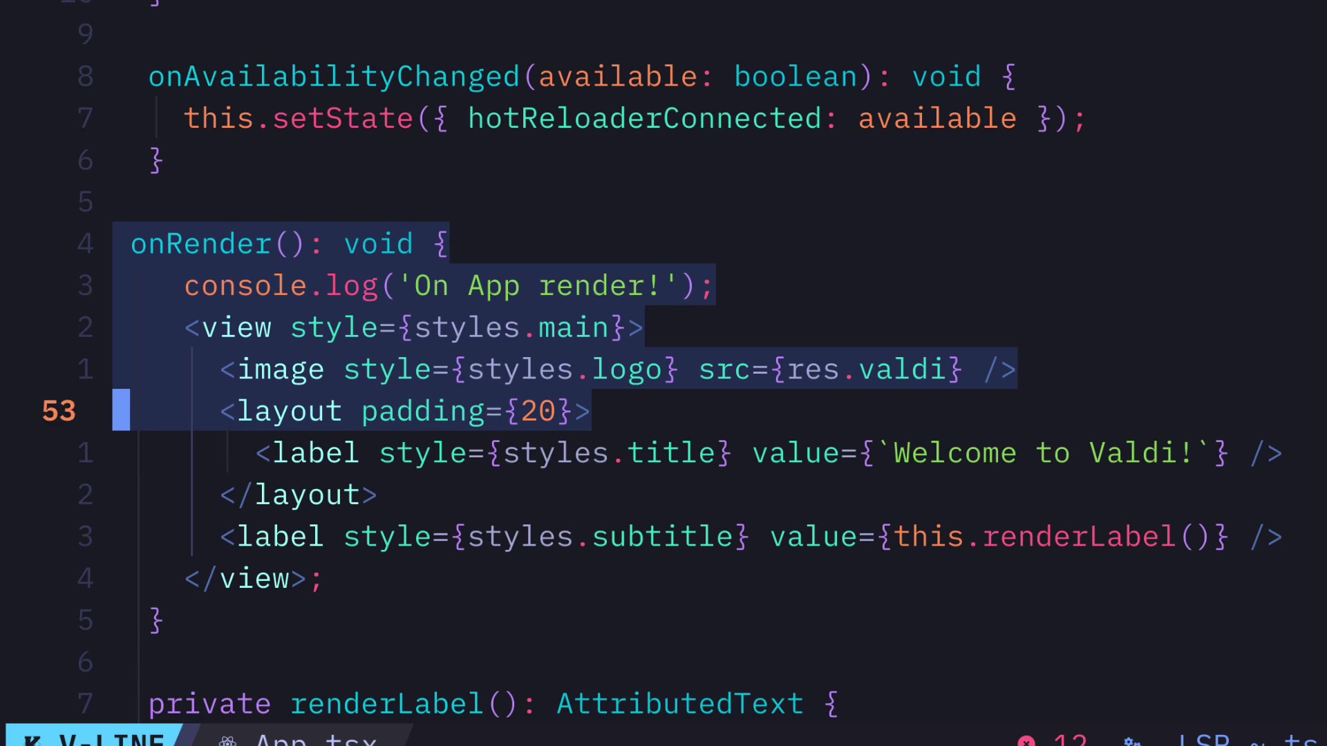 A close-up of the `onRender` method in a more complex component, showing nested elements like `<view>`, `<image>`, and `<layout>`.