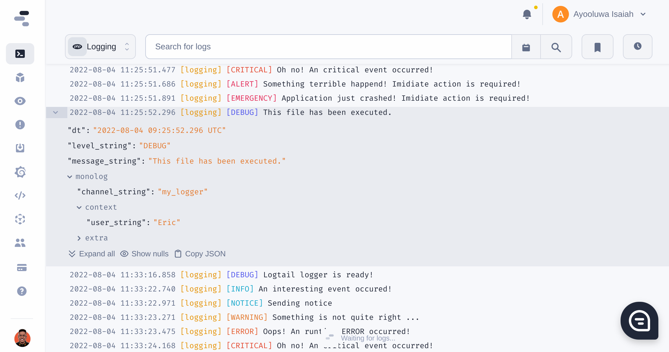 Screenshot of Logtail Live Tail feature