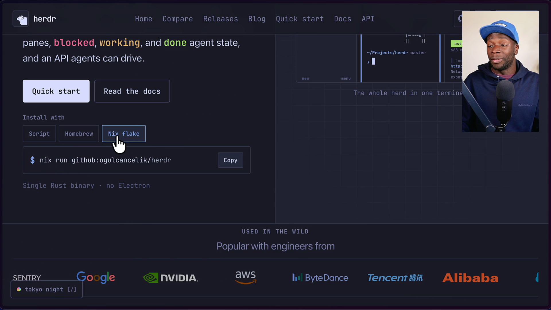 Herdr website showing installation options including Script, Homebrew, and Nix Flake