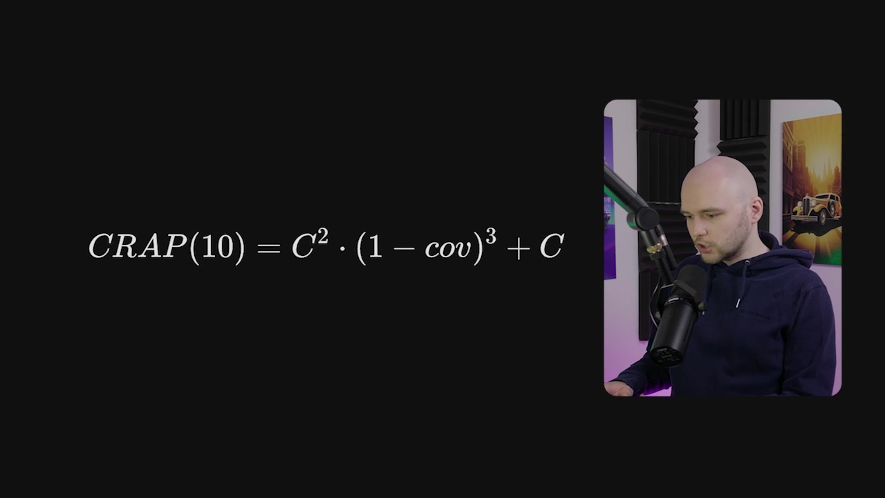 CRAP formula displayed on screen: CRAP(m) = C² × (1 - cov)³ + C
